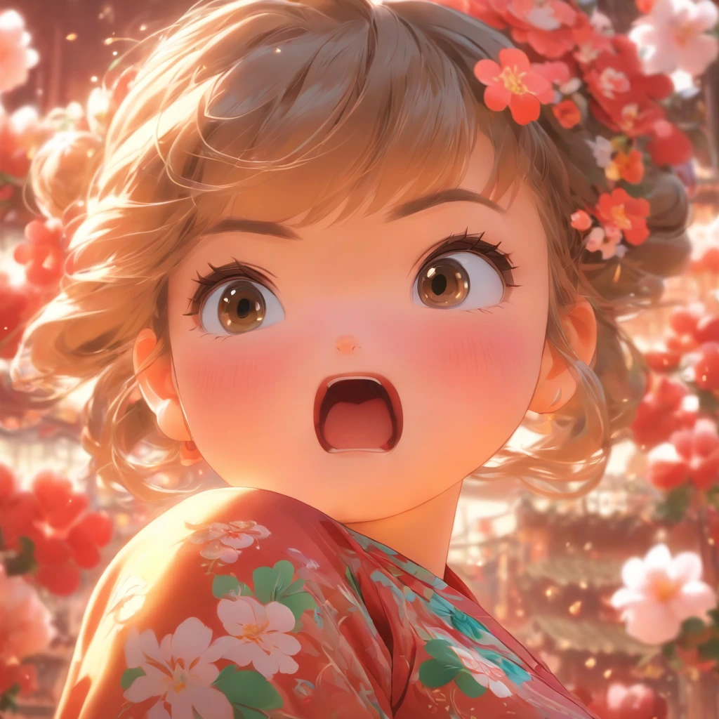 A ,Hold your arms,Frowning,Staring at you angrily,Pouting angrily,Floral half-sleeved cheongsam,Cute fat girl,A ball head