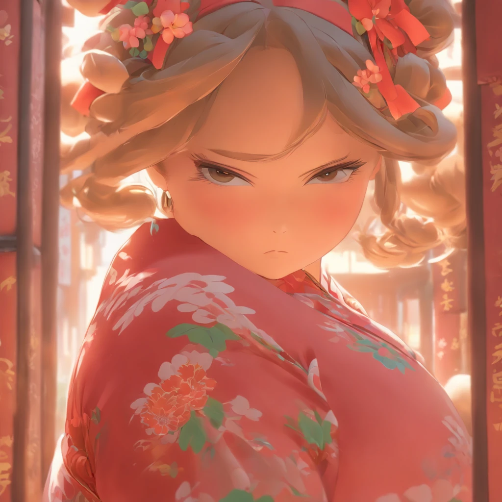 A little girl，Hold your arms，Frowning，Staring at you angrily，Pouting angrily，Floral half-sleeved cheongsam，Cute fat girl，A ball head