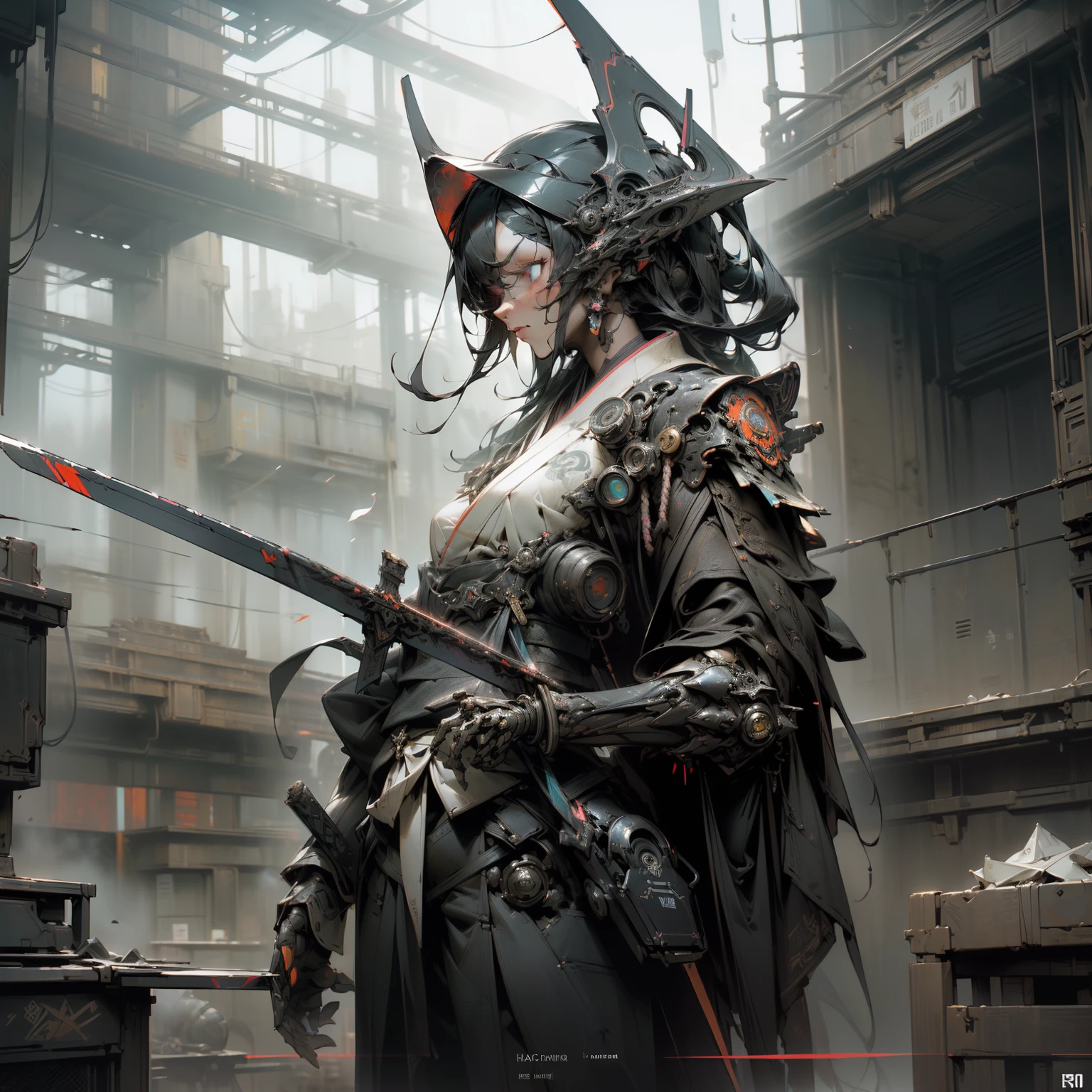 (​masterpiece、top-quality、top-quality、Official art、Beautifully Aesthetic:1.2)、(1girl in)、ighly detailed、(Fractal Art:1.3)、colourfull、Best Detail Future City, Cyberpunk, Violence, decadence, Future Society, Ocean Sea Artbot (((Best Quality))), ((masutepiece)) Full body, Femme Fatale Cyborg Assassin, (((With countless swords))) With black glossy futuristic mask, Dark grey metal body armor, Wear ((Traditional black kimono, Neofuturistic visual aesthetics, ((Perfect robotic eyes)) ((perfect symmetry)), Perfect face, Perfect body, Detailed white ink body art, dark palette, Black Neon Tips, Neo-Noir Japanese, Colorful tag graffiti on metal body frame and helmet, Dark Neo ???? Cyber, The composition is dark & A future with a retro 80s retro twist & Visual aesthetics of synthwave, Sci-fi horror, Dark sci-fi horror overtones, Dark apocalyptic building dark ominous clouds, Dystopian atmosphere, Dash's (Dark pulp surrealism), Undeservedly beautiful, cgsociety, Low fidelity dark grunge core, neon noire, Apocalypse Art, Dystopian Art, Sabatier Filter, Cinematic lighting, dieselpunk, Black ink splatters and oil grunge, enigmatic, Forbidden art, Perfect composition, Fits within the frame, Strangely ominous, Nightmare fuel, Intricate details,Neon Horror St....3D Unreal Engine Rendering, A dark story is unfolding, Close up portrait of a person with sword and armor, very beautiful cyberpunk samurai, ArtGerm Craig Mullins, craig mullins style, Craig Mullins Necro, epic sci-fi character art, epic sci - fi character art, from arknights, epic sci-fi character art, wlop and krenz cushart, krenz cushart and wenjun lin
