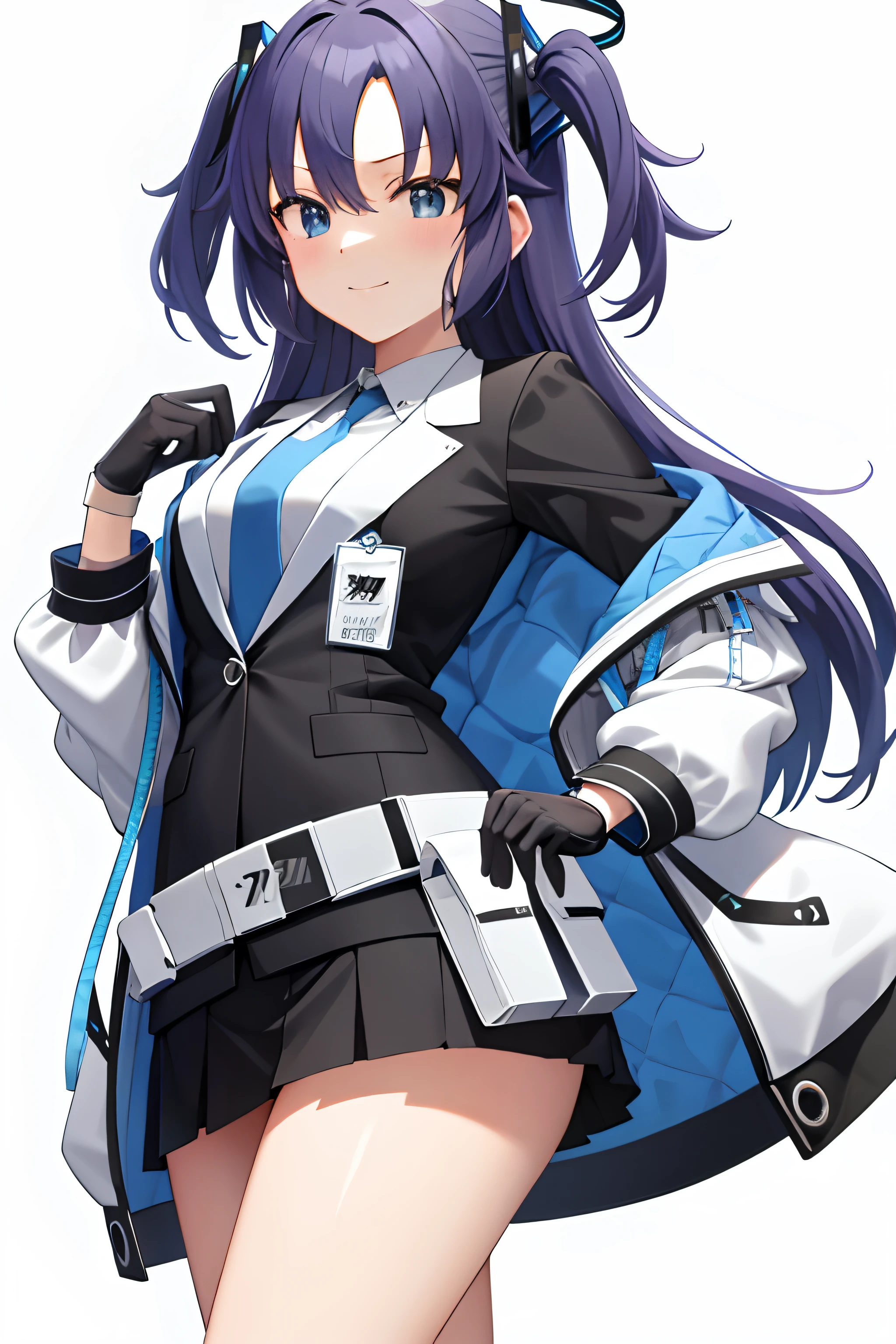 masutepiece, Best Quality, Ultra-detailed, 1girl in, Belt Pouch, Black Gloves, Black jacket, Black skirt, blue necktie, Closed mouth, default, gloves, Hair Ornament, half gloves, ID Card, Jacket, Long sleeves, Miniskirt, multicolored jacket, neck tie, Pleated skirt, Pouch, Shirt, Skirt, Solo, White background, White belt, White jacket, White shirt, yuuka, Smile