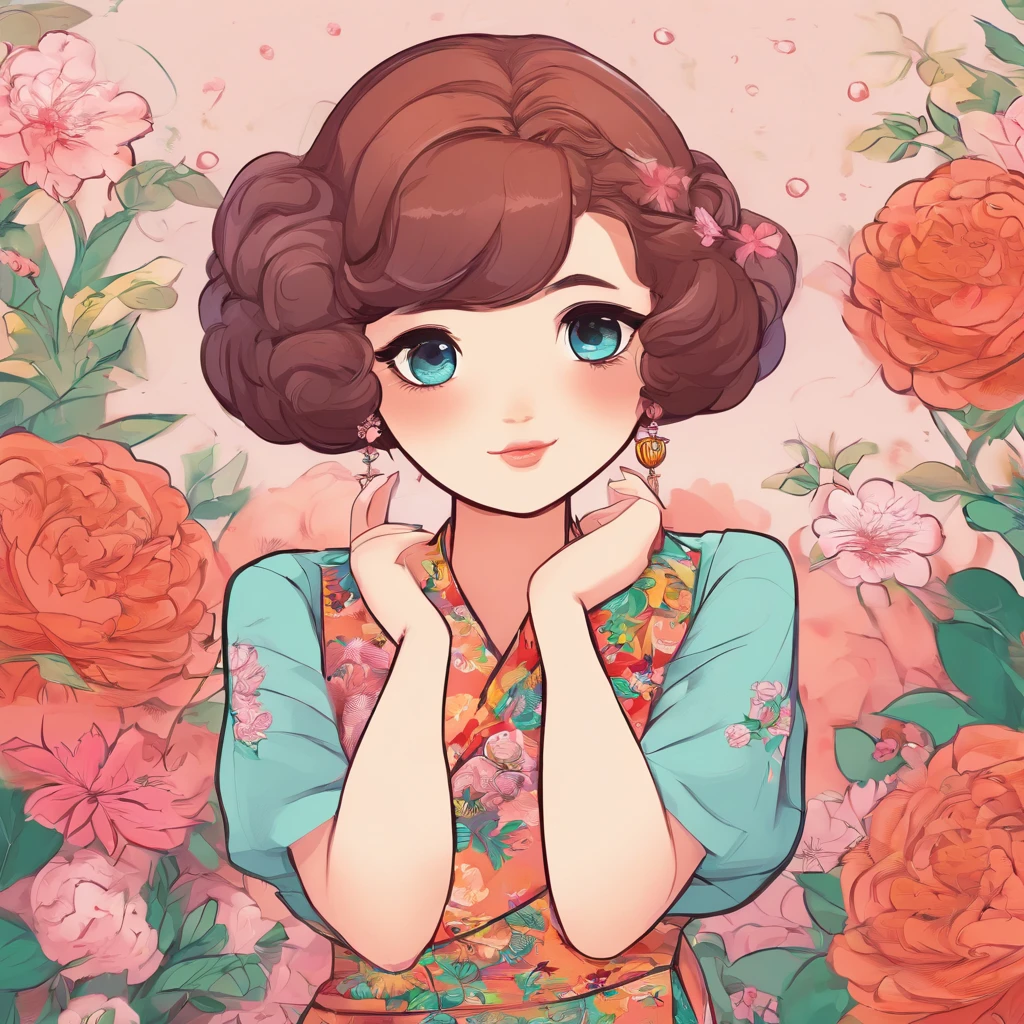 A ,Hold your arms,Frowning,Staring at you angrily,Pouting angrily,Floral half-sleeved cheongsam,Cute fat girl,A ball head