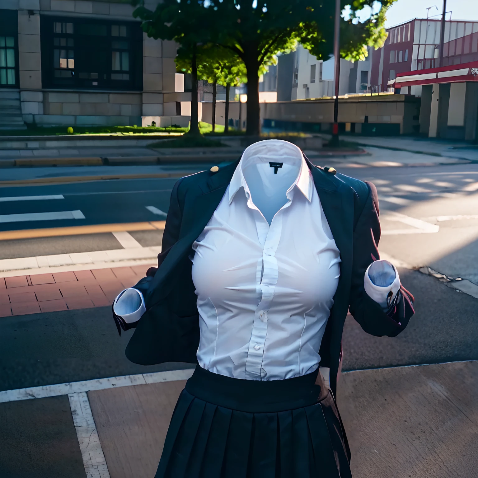 school uniform, ((invisible, no humans:1.5, headless:1.5, handless, legless)), big breast, close-up to breast, from behind,
(8k, RAW photo, best quality, masterpiece:1.2), (realistic, photo-realistic:1.37),photon mapping, radiosity, ((Hasselblad photography)),physically-based rendering,