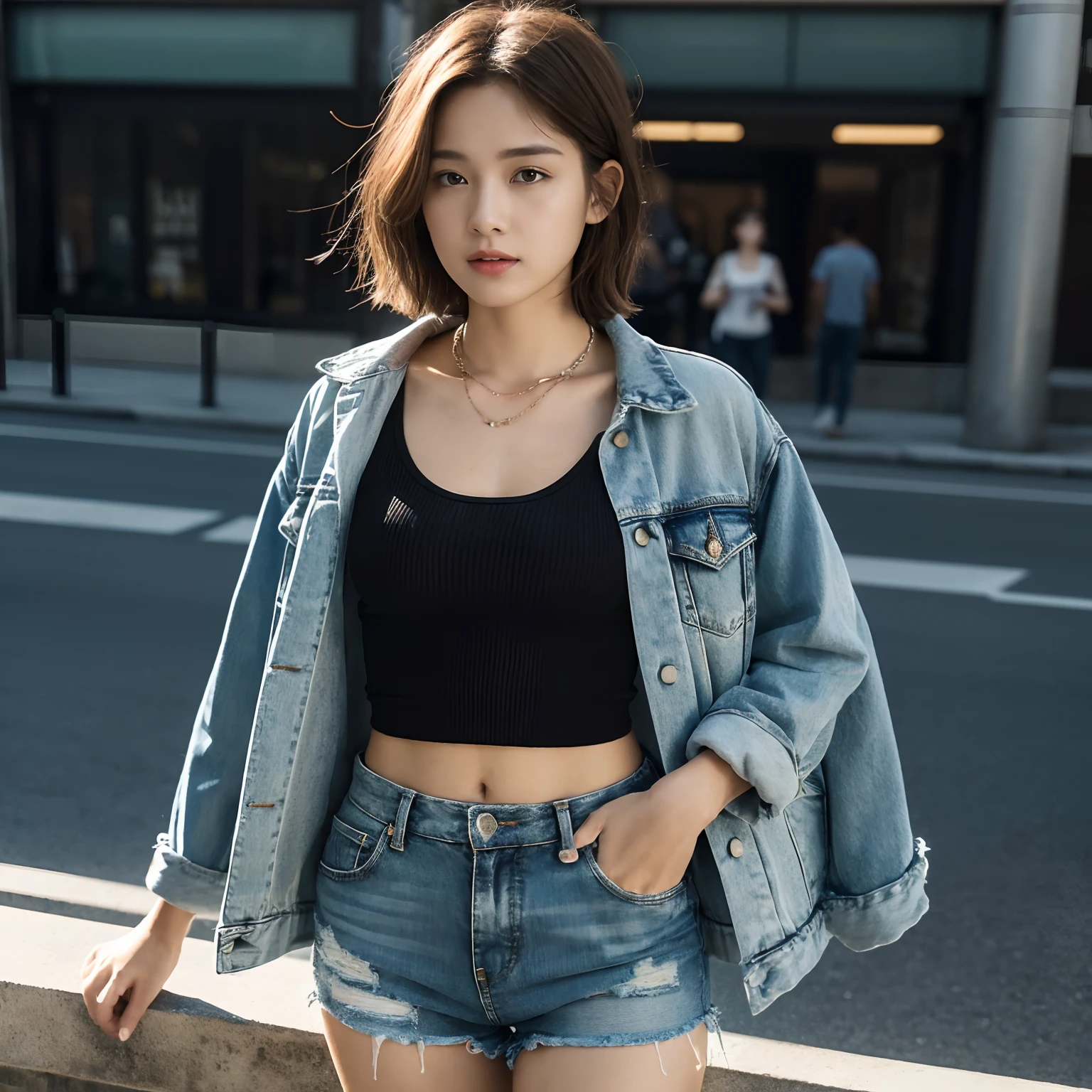 ((medium breast, tomboy girls, small head)), daylight, sunlight, (chiseled abs : 1.1), (perfect body : 1.1), (short wavy hair : 1.2) , auburn hair, collar, chain, full body shot, crowded street, wearing black tanktop, jeans jacket, ((shorts)), (extremely detailed 8k wallpaper), (an extremely delicate and beautiful), (masterpiece), (best quality:1.0), (ultra highres:1.0),  beautiful lighting ,perfect lightning, realistic shadows, [highres], detailed skin, ultra-detailed