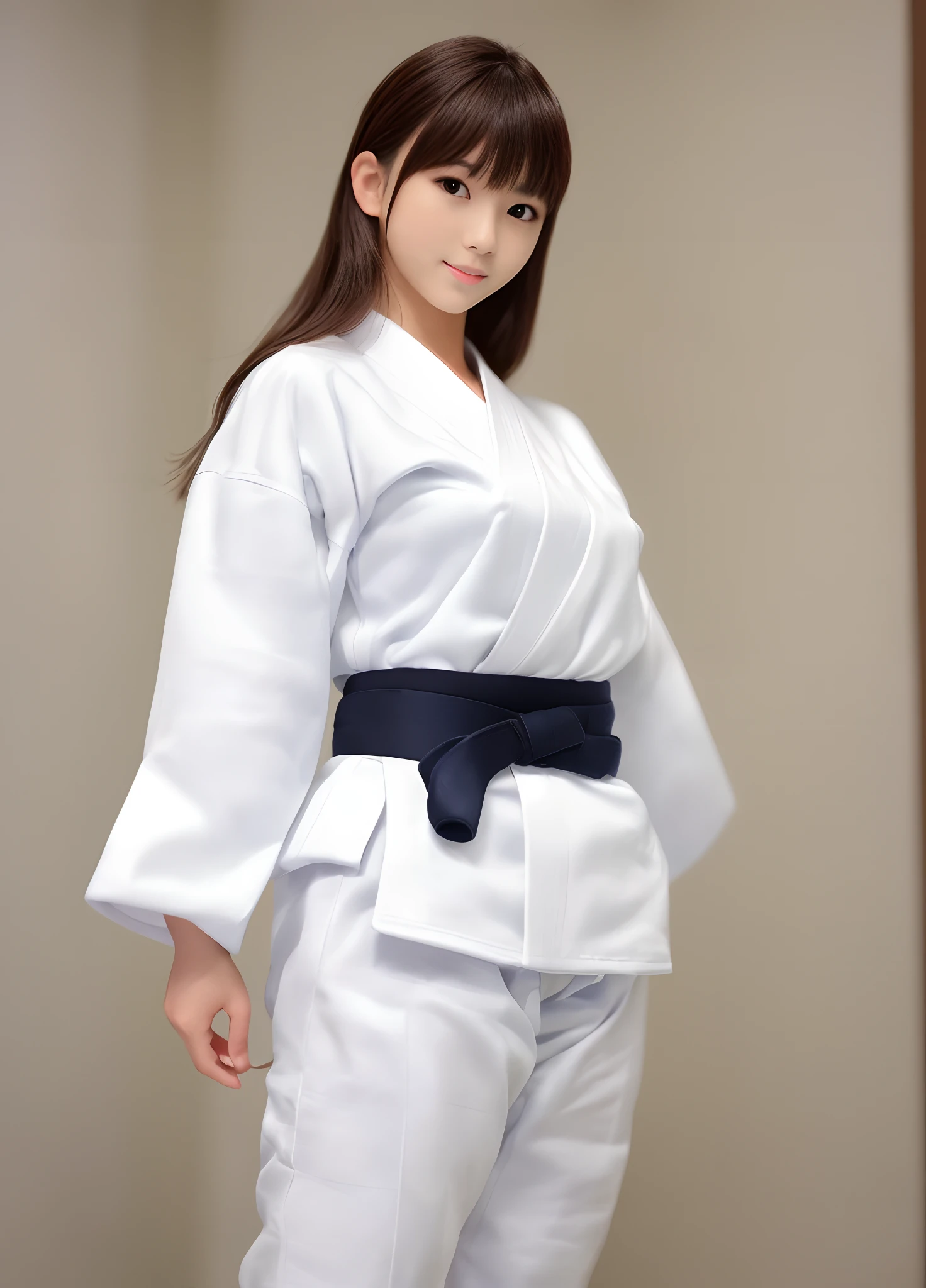  woman in white kimono posing for photo, karate outfit, Photorealistic photo girl, 8 K, Wearing a white GI, Kasumi Arimura Style 3/4, martial art pose, Whole body, (White Karate Uniform:1.4) , bare-legged, ligh brown hair, waved hair, attractive beautiful face, (A smile: 1.15), 17 age, Atte body with soft curvaceous beauty, Beautiful thin legs, Bold sexy poses, perfect anatomia, Tokyo Daz Studio Genesis Ilei Ultra HD,