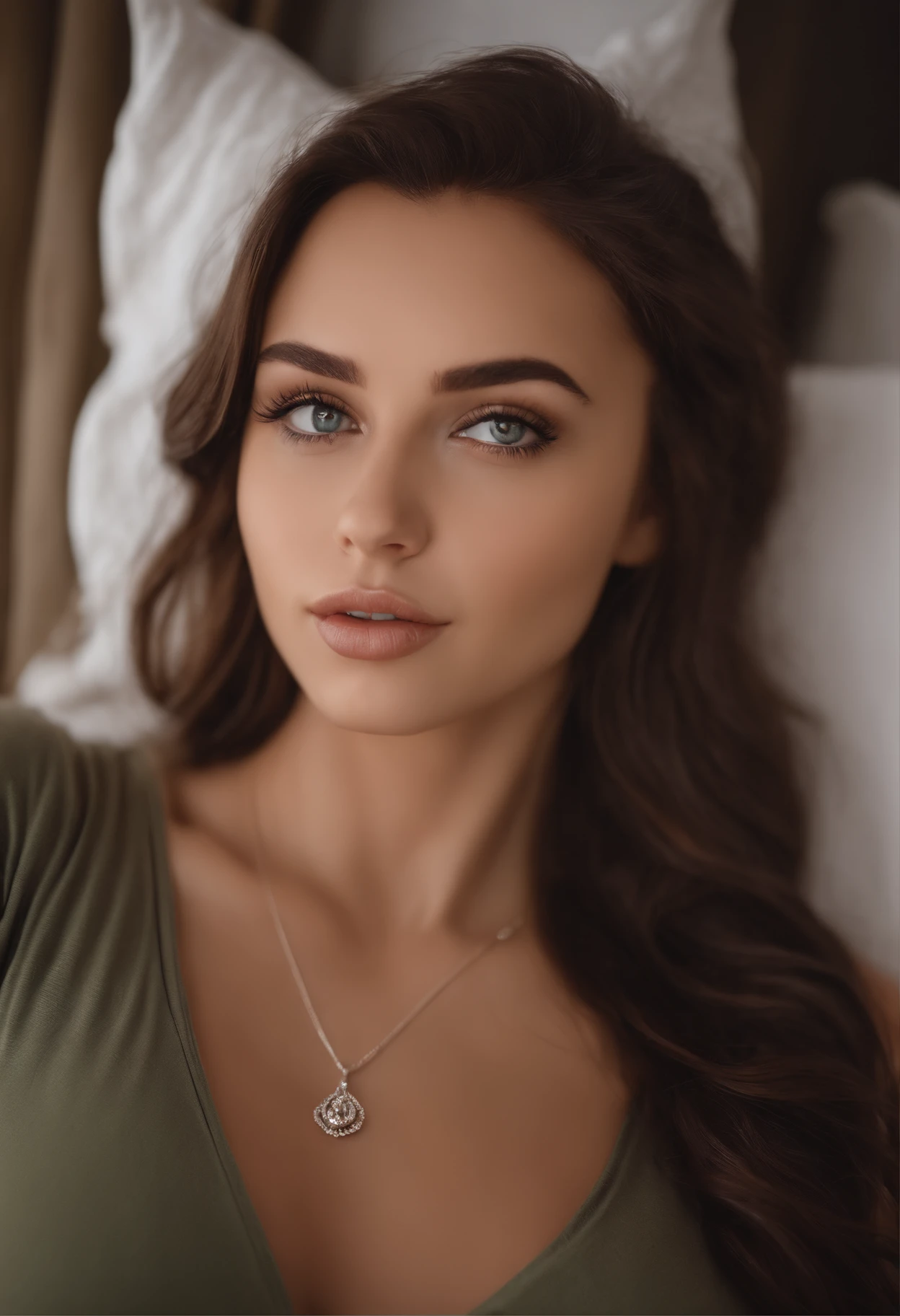 arafed woman with a white tank top and a necklace, sexy girl with green eyes, portrait sophie mudd, brown hair and large eyes, selfie of a young woman, bedroom eyes, violet myers, without makeup, natural makeup, looking directly at the camera, face with artgram, subtle makeup, stunning full body shot, piercing green eyes, bigger cleavage