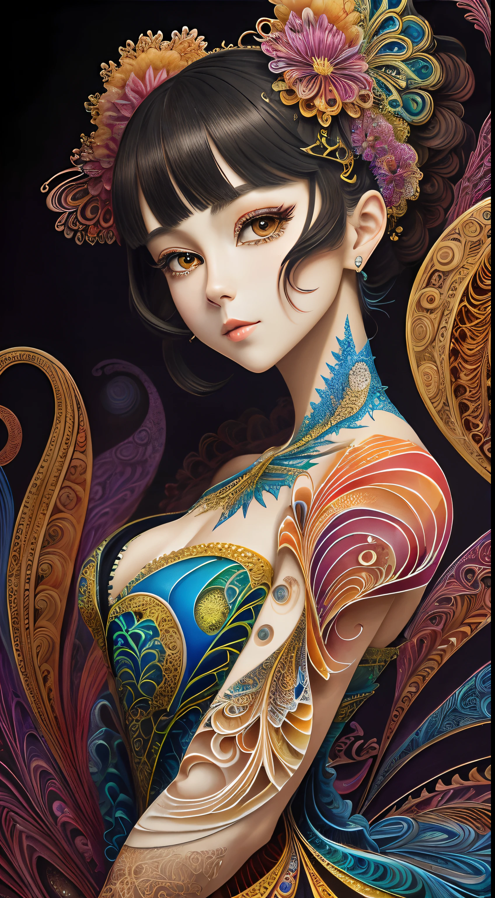 (masterpiece, top quality, best quality, official art, beautiful and aesthetic:1.2), (1girl:1.3), extremely detailed,(fractal art:1.2),colorful,highest detailed,(zentangle:1.2), (dynamic pose), (abstract background:1.5), (treditional dress:1.2), (shiny skin), (many colors:1.4), upper body, masterpiece, best quality,high quality,highres, 16K,RAW,ultra highres,ultra details,finely detail,an extremely delicate and beautiful,extremely detailed,real shadow, anime,highly detailed painted,award winning glamour paintting,wonderful paintting,art style,stylized,