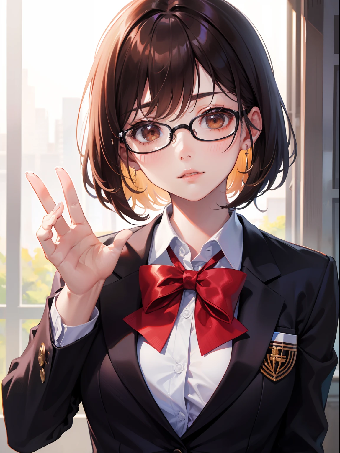 1人の女性、brown haired(Curta)、Brown eyes、Black-rimmed glasses、 Best Quality、ultra-detailliert、8K resolution、Raw photo、masutepiece、gorgeous faces、Perfect body、schools、Blazer Uniform