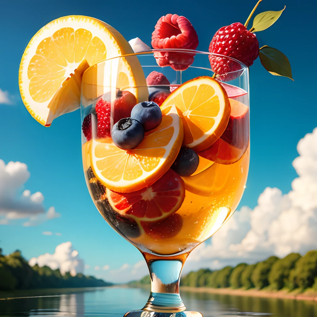 Berries in a glass ,nature blue sky river