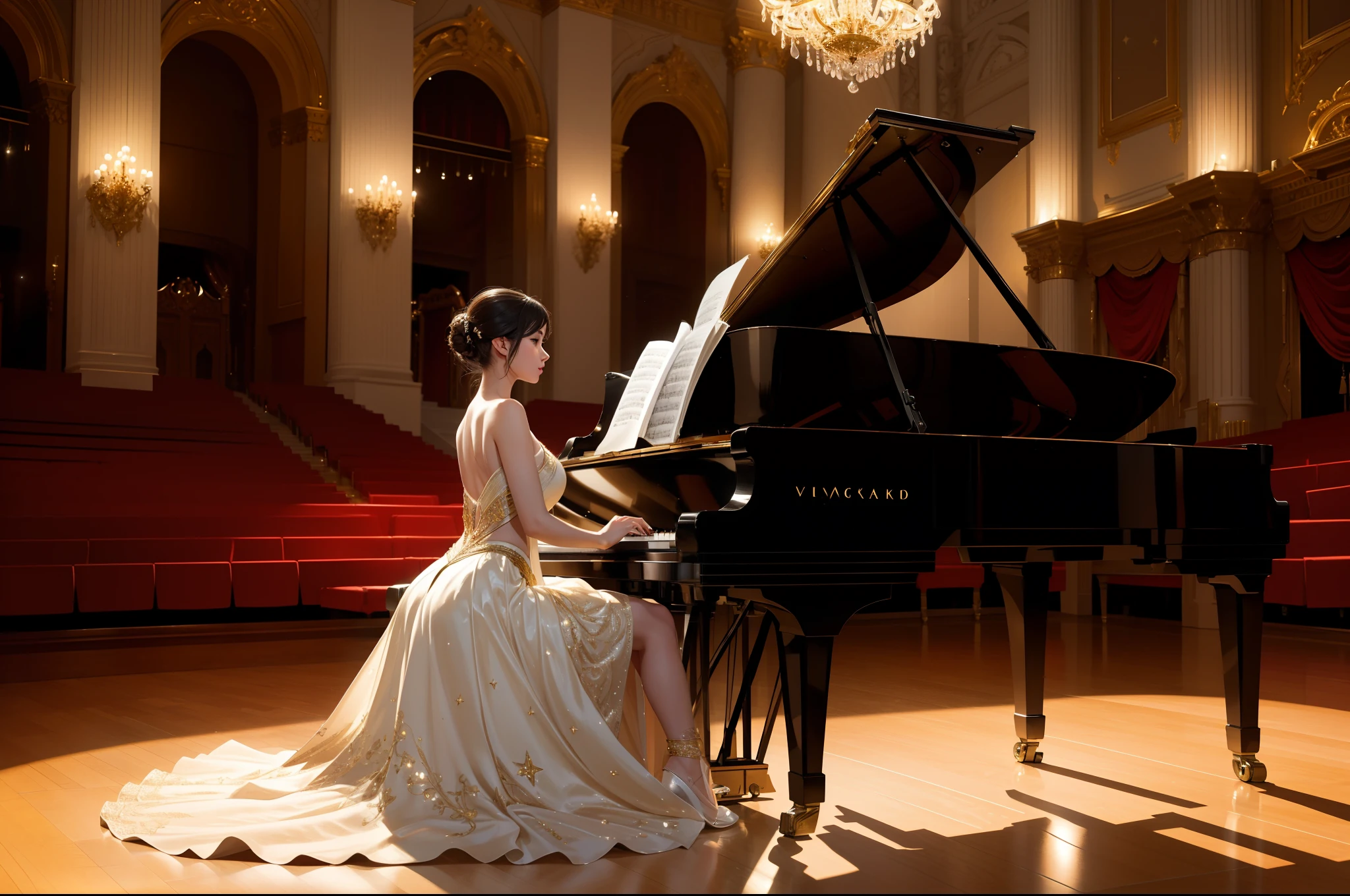 (best quality,4k,8k,highres,masterpiece:1.2),ultra-detailed,(realistic,photorealistic,photo-realistic:1.37),grand piano,shiny black surface,ornately carved legs,gleaming white keys,elaborate gold accents,melodious music,impressive stage setup,professional pianist,gorgeous concert hall,enthusiastic audience,dramatic lighting,gentle spotlight,focused pianist's hands,splendid performance,harmonious melody,vibrant music notes,captivating atmosphere,elegant musician,great passion,perfect technique,powerful emotions,artistic interpretation,expressive facial expressions,graceful body movements,fascinating music compositions,sweeping melodies,fast-paced rhythm,gripping performance,synchronized ensemble,inspiring solo piece,beautiful stage decorations,sophisticated backdrop,starry night sky,soft moonlight streaming through windows,magical ambiance,intricate patterns on the floor,colorful stage costumes,enchanted audience,overwhelming applause,standing ovation.