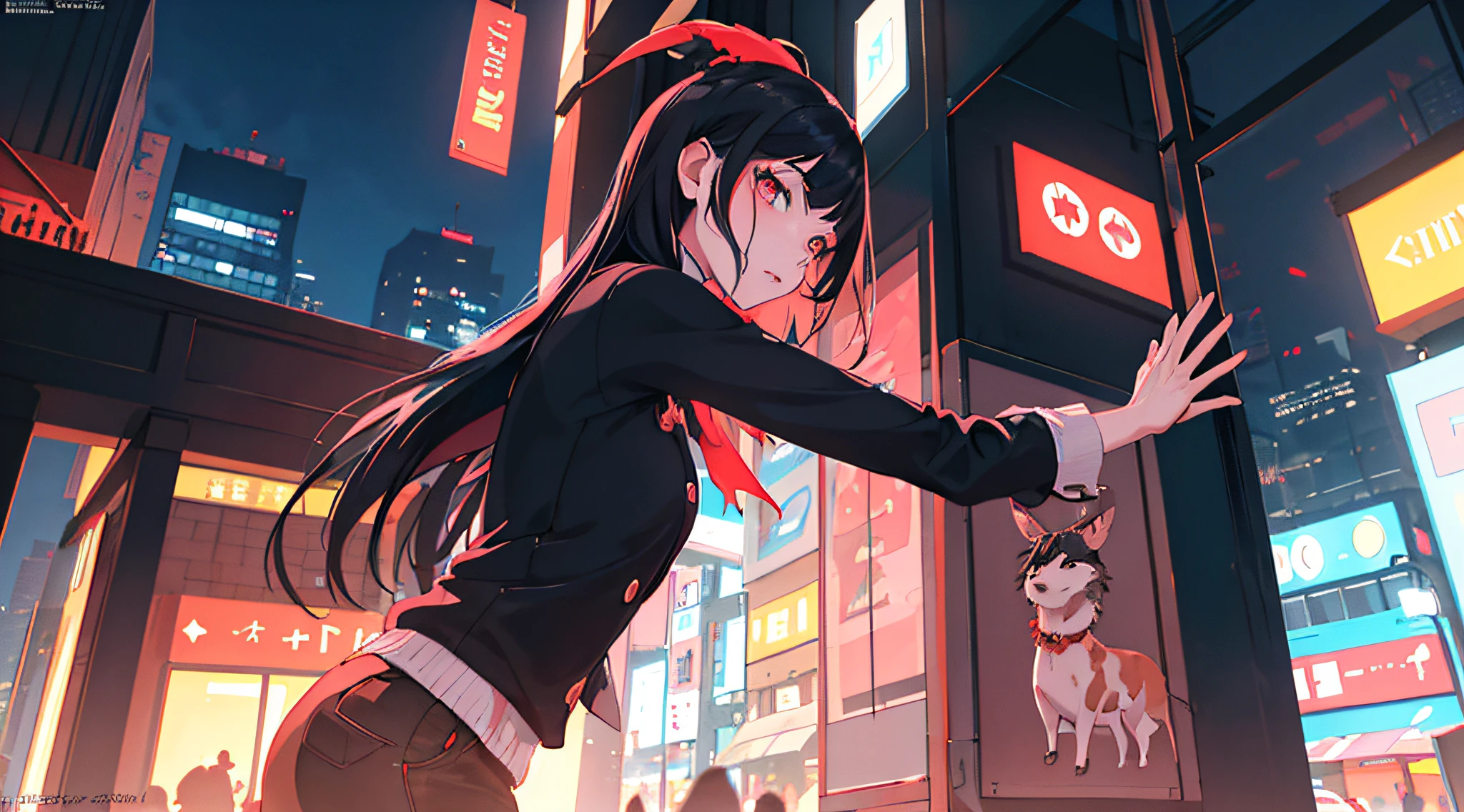 wall papper con una mujer joven en una ciudad de noche de tokyo. Ella se para con confianza en el centro, vistiendo un atuendo elegante y vanguardista, with a sad expression on his face,ojos naranjas y pelo blanco. El fondo es una ciudad de noche con carteles de neon, with a sense of danger and intensity. El texto es audaz y llamativo y llamativo, Lofi a to the general sense of drama and excitement. La paleta de colores es principalmente oscura con toques de colores rosas vibrantes, giving a dynamic and visually striking appearance, tachi-e , , de moda, mujer, vibrante, atuendo, posando, frente, colorido, dynamic, fondo, elementos, seguro, expression, sostenimiento, statement, accesorio, majestuoso, enrollado, alrededor, toque, escena, texto, portada, negrita, llamativo, title, elegante, fuente, pegadizo, llamativo, moderno, moderno, foco, moda, moda, de pie frente a un edificio, seductora chica de anime, Ilya Kuvshinov.Anime Moe Artstyle, Estilo Ilya Kuvshinov, Oppai cyberpunk, Ilya Kuvshinov con cabello largo, Obras de arte al estilo de Guweiz, Anime style. 8k, Tendencias en CGVatstation ,1girl