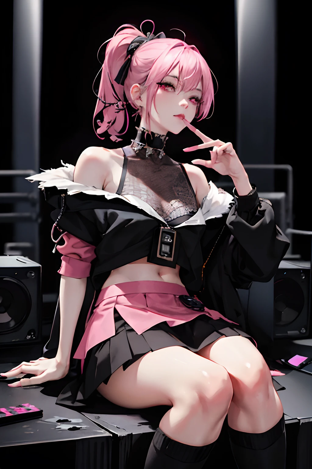 (masuter piece:1.2、top-quality)、(Live action、Intricate details)、(1lady、独奏、The upper part of the body、Colossal tits) garments: Edgy、Black jumper、Pink mini skirt、Avant-garde、Experimental appearance: Long pink hair、Dramatic makeup、Unconventional fashion choices behavior: Rebel、Runaway Ladies Leader、secretary-general、Black jumper、Pink mini skirt、Anti-system、Provocative Location: urban art district、Underground Music Scene Hobbies: Bad girl、Create mixed media art、Experiment with different subcultures values: individuality、authenticity、Creative Expression Inspiration: Runaway Ladies Leader、secretary-general、Counterculture icons、Nature: boldness、Unconventional。