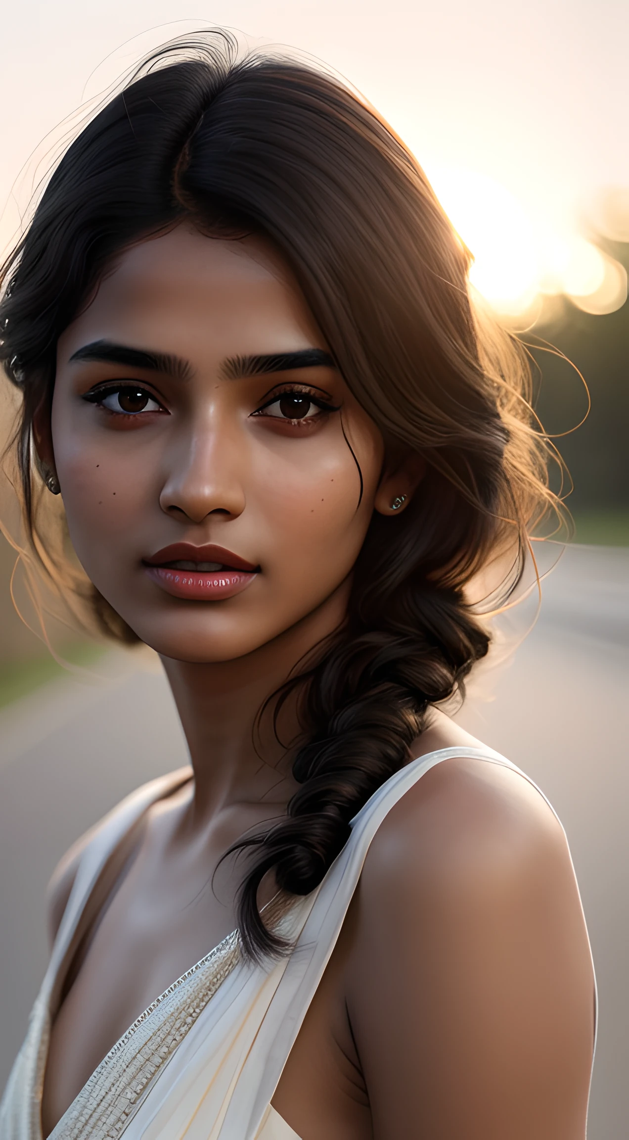 young Indian girl, 18-year-old, no bindi,traditional dress, gentle sun lighting on face , intricate facial details, flawless complexion, top-notch 3D rendering, hyper-realistic, shot on Indian road. photorealistic digital art trending on Artstation 8k HD high definition detailed realistic, detailed, skin texture, hyper detailed, realistic skin texture, armature, best quality, ultra high res, (photorealistic:1.4),, high resolution, detailed, raw photo, 400 camera f1.6 lens rich colors hyper realistic lifelike texture dramatic lighting unrealengine trending on artstation cinestill 800