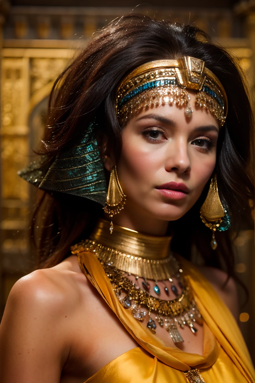 Cleopatra with harmonic features, Rostro hermoso y seductor, Cabello negro largo y brillante, Mujer glamorosa, mysterious and seductive and sarcastic look dressed in seductive YELLOW clothes. She is in ancient Egypt, Luces en el fondo. Alto detalle facial, High-quality facial designs, cinematic lighting