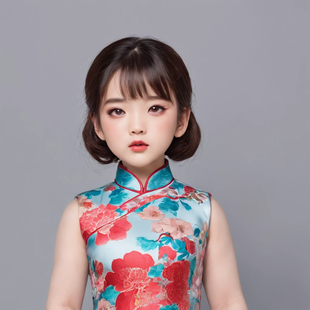 A little girl，Hold your arms，Frowning，Staring at you angrily，Pouting angrily，Floral half-sleeved cheongsam，Cute fat girl，A ball head