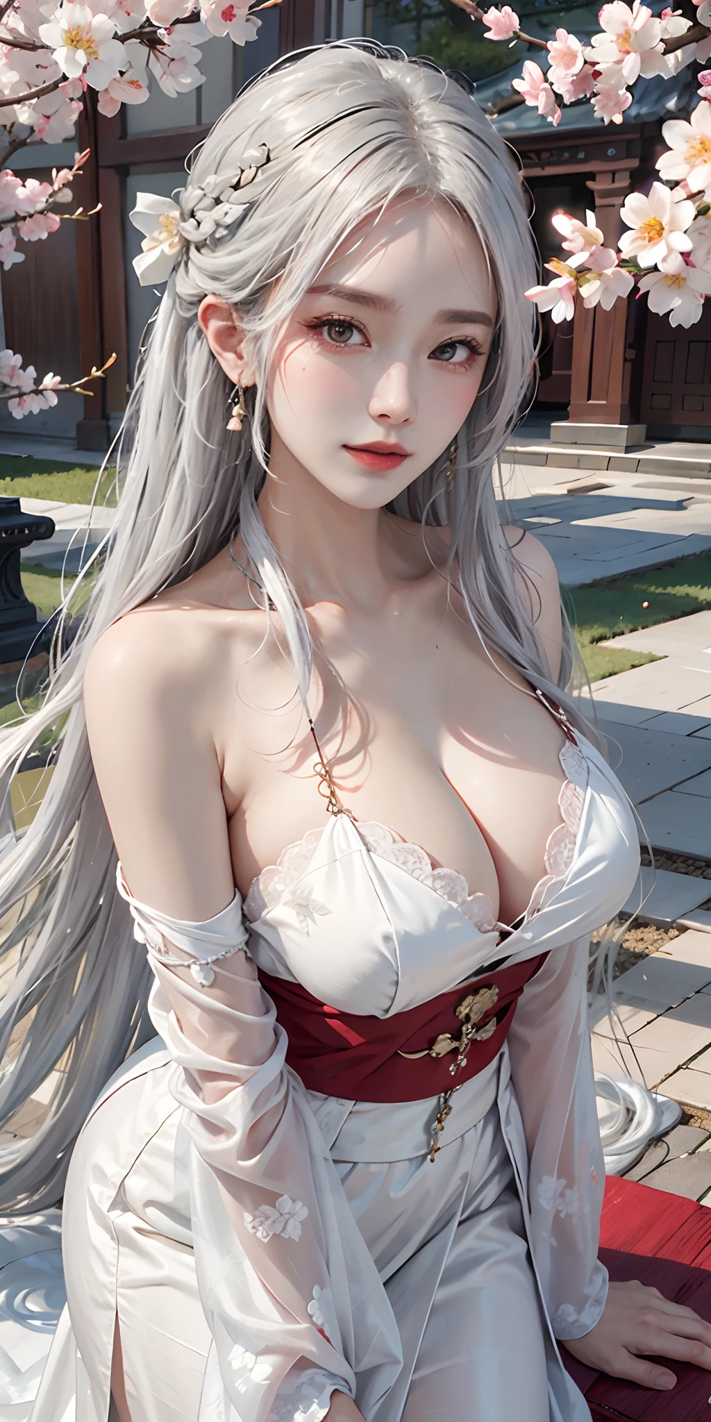 Photorealistic, high resolution, Soft light,1womanl, Solo, Hips up, shiny skins, (Detailed face),tattoo, jewelry, Wedding Hanfu, All red, White hair, cherry blossom, Night, White wavy hair, Beautiful soldiers, Invite the eyes of the audience, Lover's perspective, Invite expressions, Sexy smile, Perfect style, Perfect balance, Detailed skin, mischievous gaze, chest visible