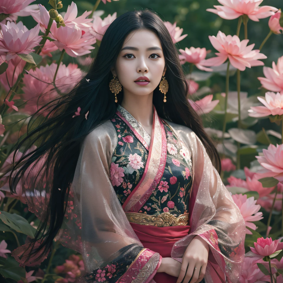 32K(tmasterpiece,k hd,hyper HD,32K)Long flowing black hair,ponds,zydink, a color, Aozhou people (Concubine girl), (Silk scarf), Combat posture, looking at the ground, long whitr hair, Floating hair, Carp pattern headdress, Chinese long-sleeved clothing, (Abstract gouache splash:1.2), Pink petal background,Pink and white lotus flowers fly(realisticlying:1.4),Black color hair,Fallen leaves flutter,The background is pure, A high resolution, the detail, RAW photogr, Sharp Re, Nikon D850 Film Stock Photo by Jefferies Lee 4 Kodak Portra 400 Camera F1.6 shots, Rich colors, ultra-realistic vivid textures, Dramatic lighting, Unreal Engine Art Station Trend, cinestir 800,Long flowing black hair,Denim skirt