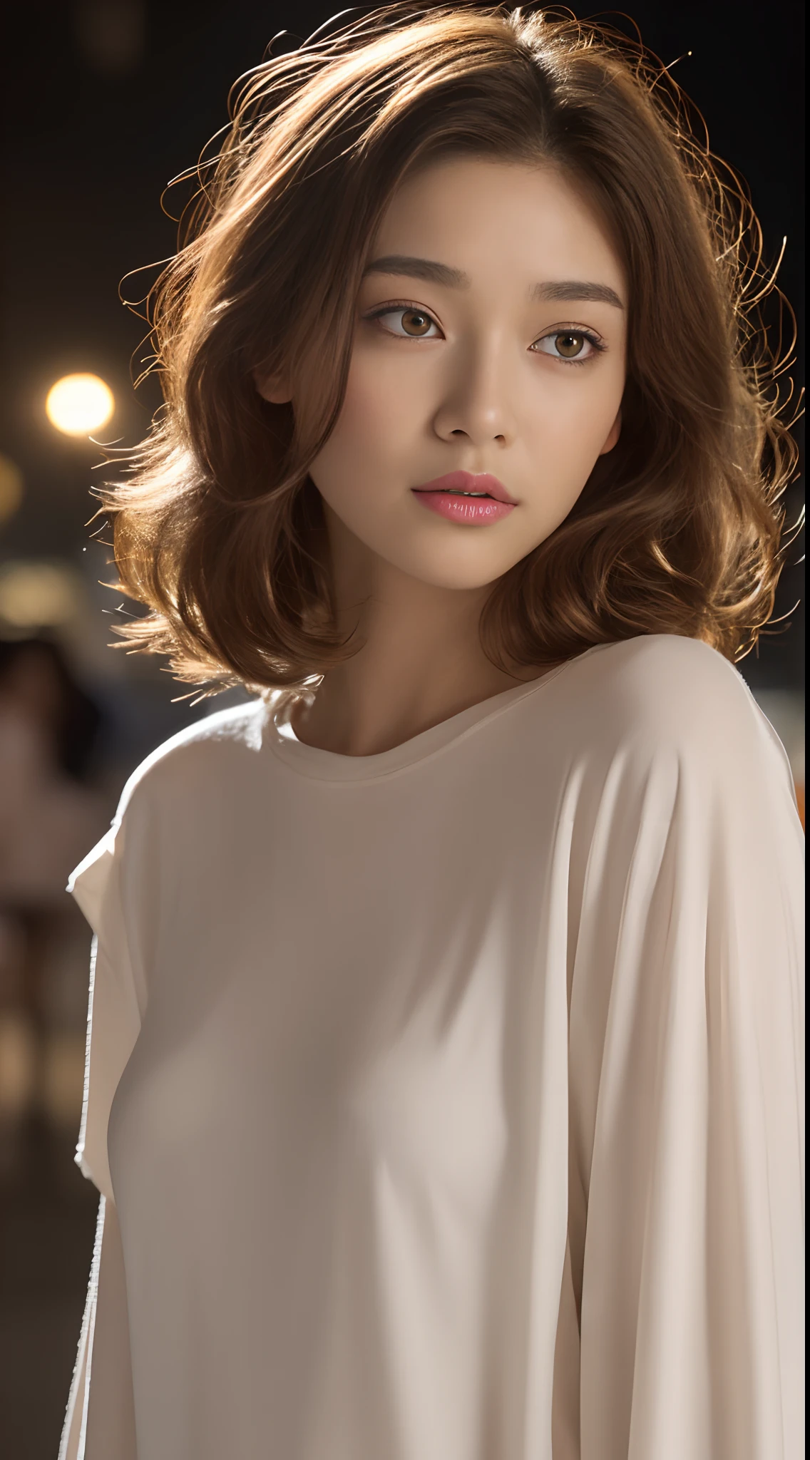 (mid night, nood, 8K, tmasterpiece:1.3)), full body Esbian, Long legs, Focalors:1.2, Perfect figure beautiful woman:1.4, Slim abs:1.1, ((Light brown hair, Minimal Breast:1.2 )), (White tight t-shirt,  standing on your feet:1.2), ((city night scene, teto:1.3)), Highly detailed facial and skin texture, A detailed eye, 二重まぶた、Slimed、A slender、Model body type、small tits、very small breasts、gradation hair、Light brown hair、short-cut、Curly hair