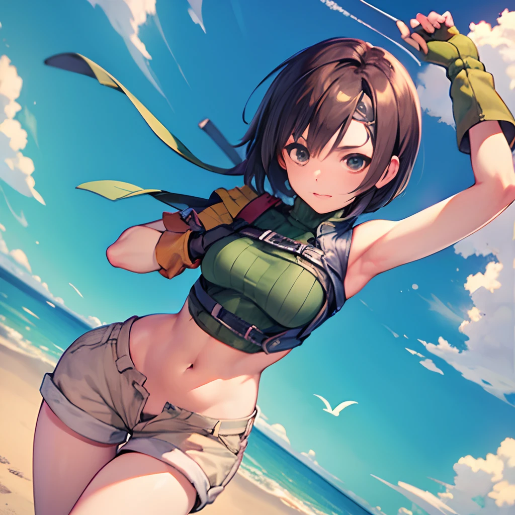 Top image quality,((detaileds)),(((reallistic))),4K,masutepiece,Short hair, head band, Sleeveless, turtle neck, Brown eyes, sleeveless turtleneck, gloves, ,croptop, Brown hair ,Midriff, open fly, Fingerless gloves, Ribbed sweater, Shorts,Loose socks,medium breasts, Yuffie_Kisaragi_01,slender,Shorts,Fantasy Art,green aura,great outdoors,bird eye view