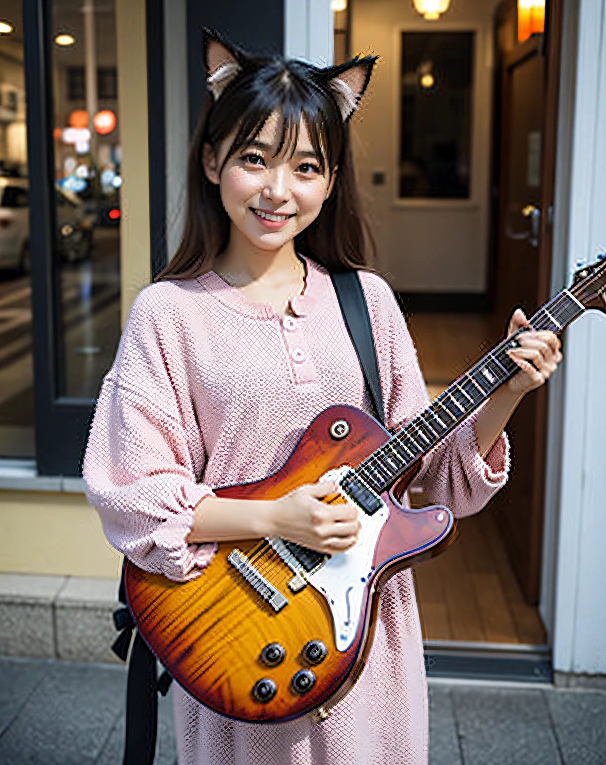 Cat holding a guitar with ears、Beautiful woman standing in the city of Kobe with a cat with a rust pattern