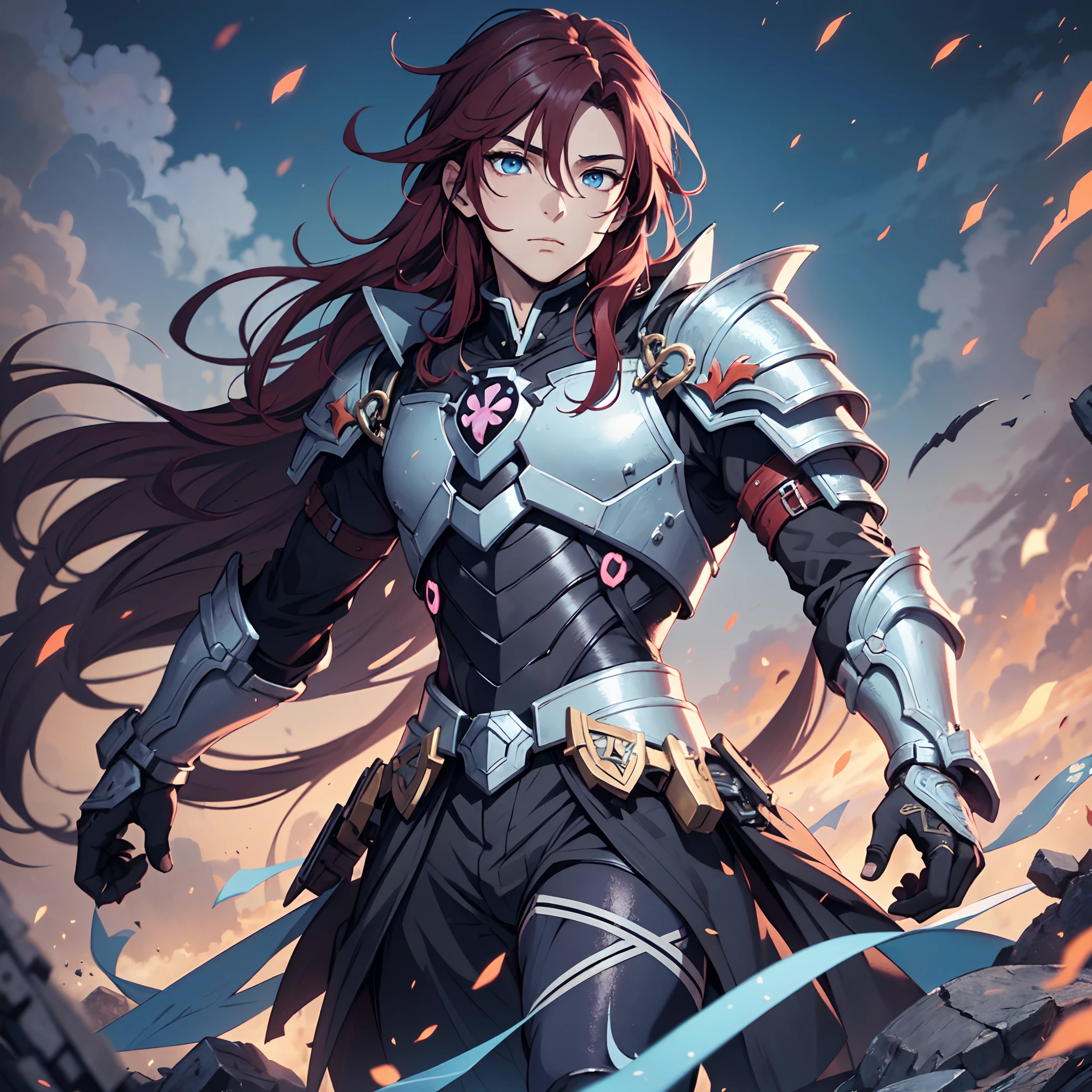 Ultra High Definition, Ultra High Quality, Extremely Detailed, Perfectly Detailed, Masterpiece, 8k, 1 Boy, Look A Like Xin From Kingdom Anime, Handsome, Equipped With All Solid Black Paladin Armor, Solid Light Blue Eyes, Long Red Hair, Body Shot, Ancient Kingdom Background