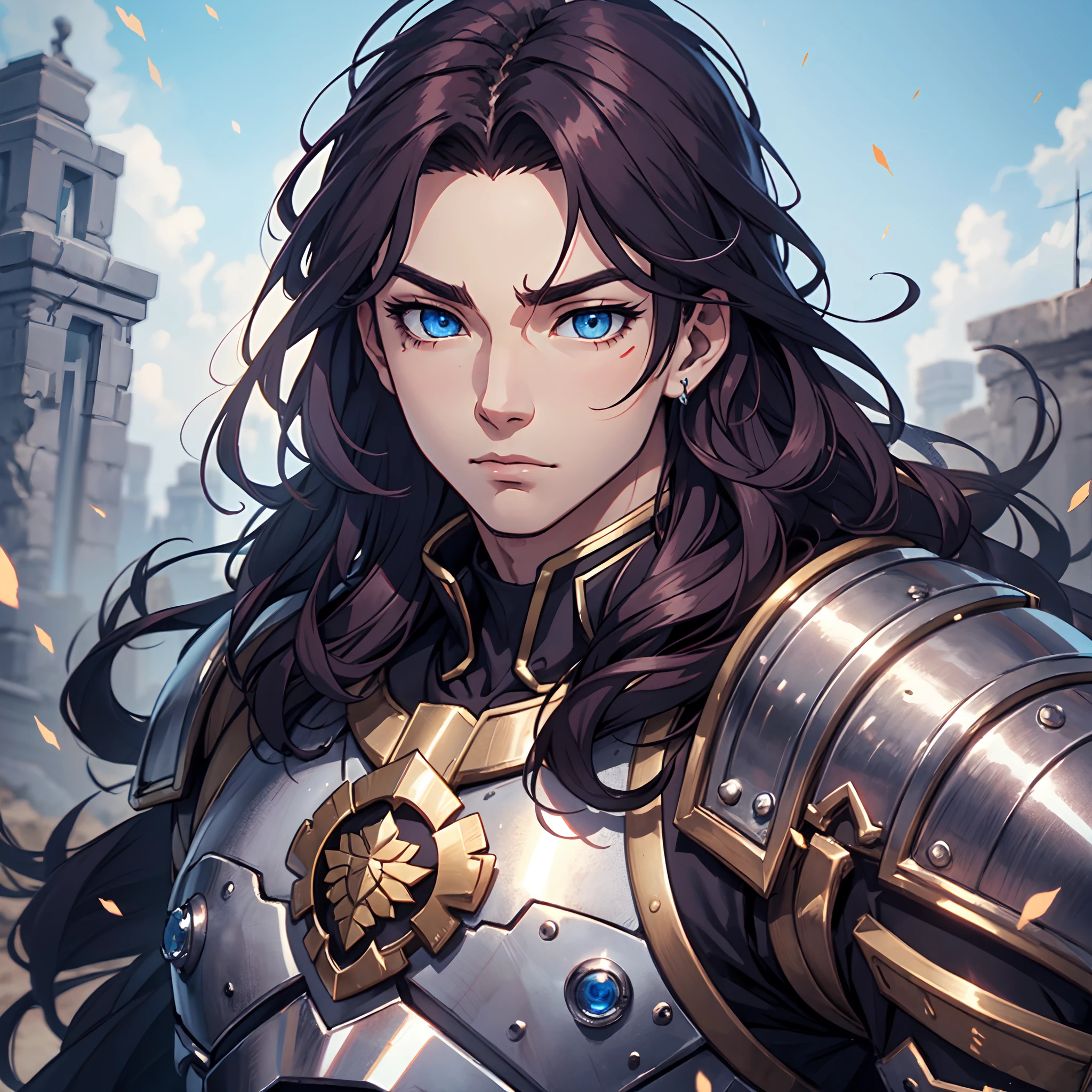 Ultra High Definition, Ultra High Quality, Extremely Detailed, Perfectly Detailed, Masterpiece, 8k, 1 Boy, Look A Like Xin From Kingdom Anime, Handsome, Equipped With All Solid Black Paladin Armor, Solid Light Blue Eyes, Long Red Hair, Body Shot, Ancient Kingdom Background