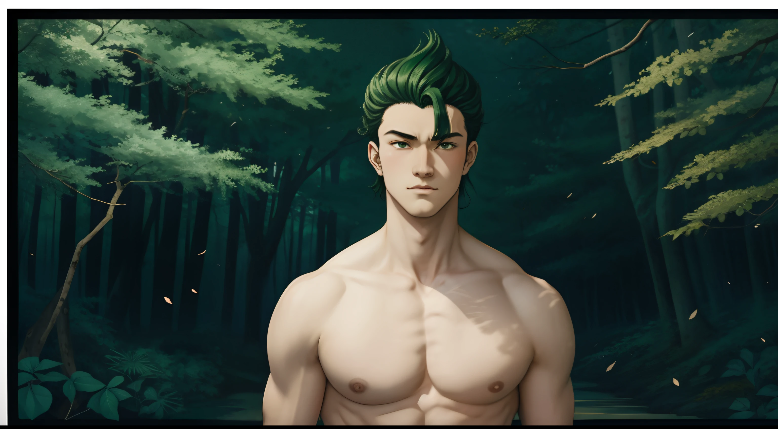 Ukiyo-e, young male, slave, forest, teenage, screensaver, caucassian masculine square face, green dark hair, topless, best quality, kneel