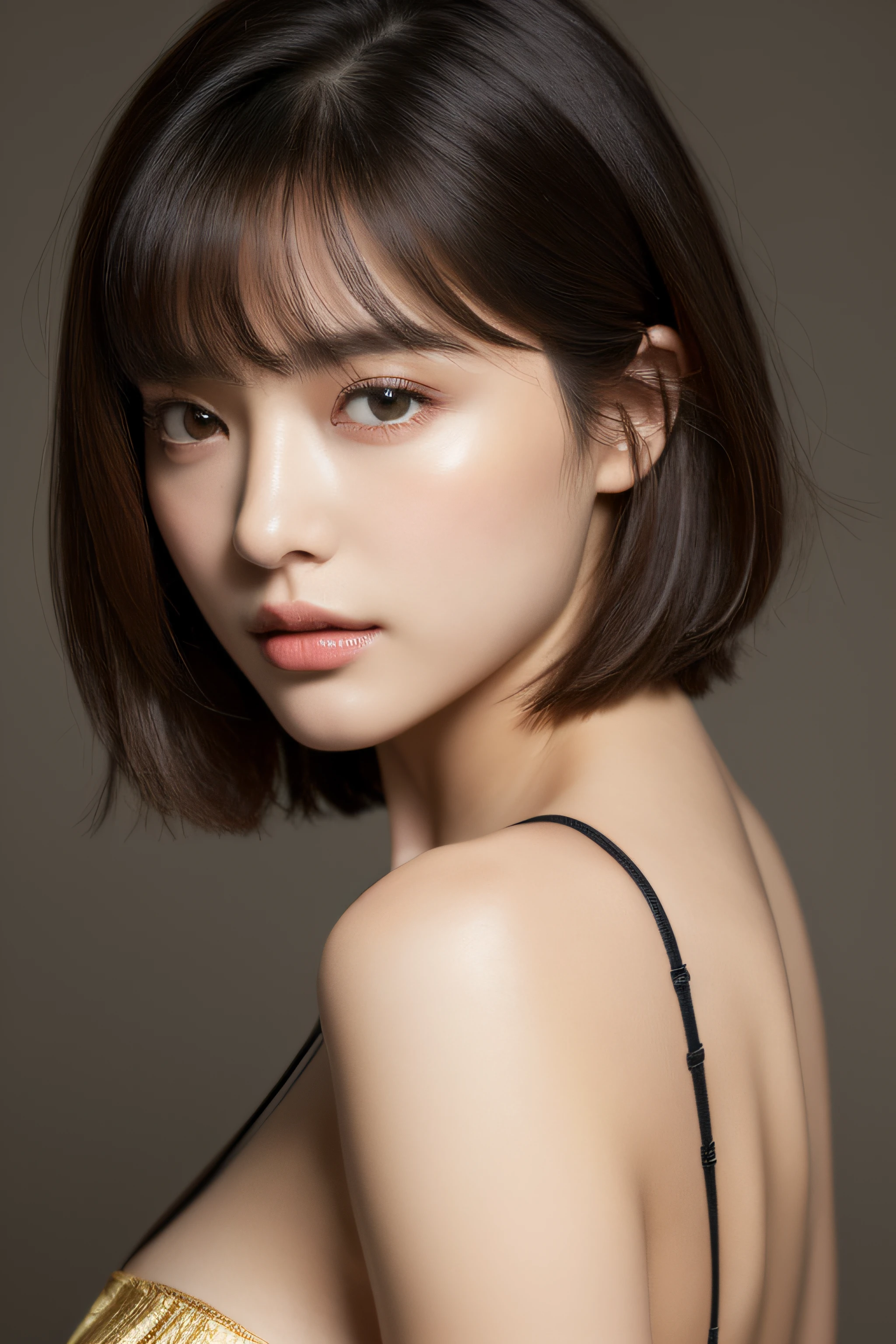 (masuter piece:1.3)、(8K、Photorealsitic、Raw photography、top-quality: 1.4)、(1girl in)、very beautiful face、very beautiful face、very beautiful face、(Very realistic face)、(A dark-haired、short-hair:1.3)、Very beautiful hairstyle、Very realistic eyes、Very beautiful details、（Very realistic skin）、Very beautiful skin、（Underwear）、absurderes、Very attractive、超A high resolution、A hyper-realistic、high-detail、the golden ratio、the golden ratio、the golden ratio、Beauty、Beauty、Beauty。