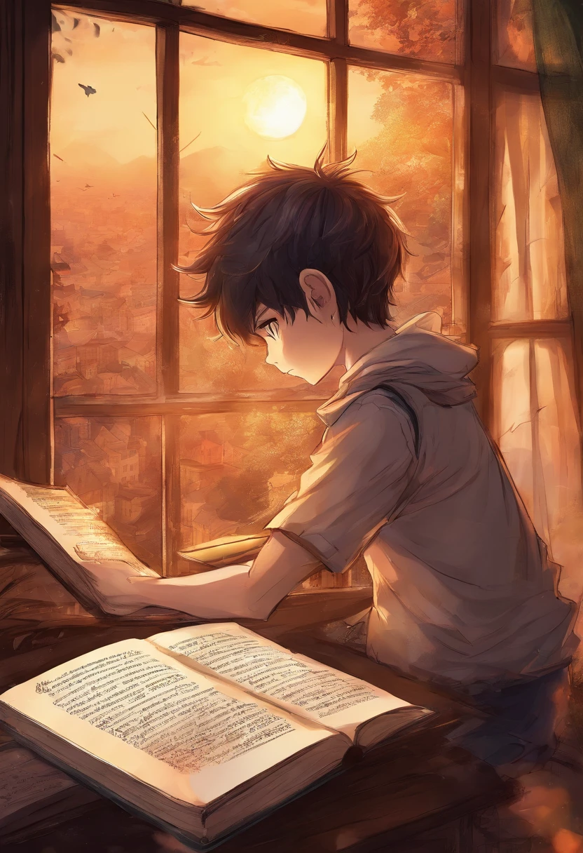 Boy studying with sunset on window, Anime, He lives in a building.