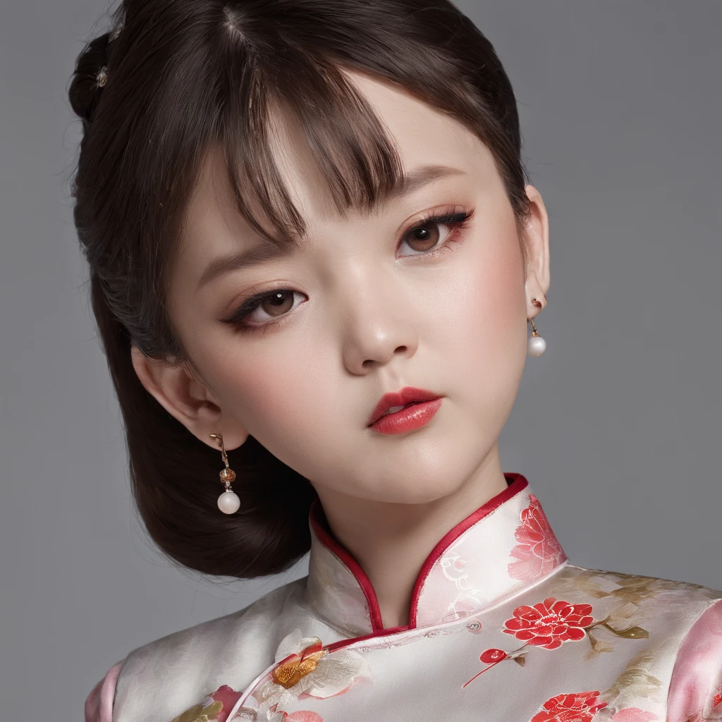A little girl，Hold your arms，Frowning，Staring at you angrily，Pouting angrily，Floral half-sleeved cheongsam，Cute fat girl，A ball head