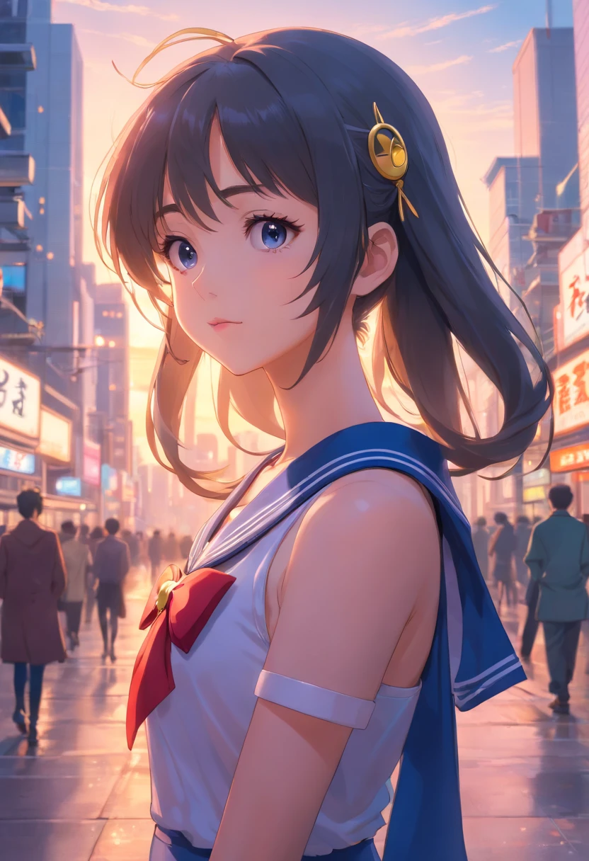 nsfw,On the edge of the bustle, Dull Japan city , Where the city skyline can be seen in the background , Her seductive eyes are、Capturing the essence of retro anime. All facial features are、Rendered at an exceptional level of detail, Evokes the clarity and accuracy of classic 80s anime art. In this portrait, She embodies the spirit of Sailor Moon Style, It will be an exquisite homage to the beloved era of retro anime. Photo taken by Elliott Lee with Nikon Z6 and Prime 85mm lens. Award-Winning Photography style, Fine Art, 8K, Ulutra HD, Hyper-Resolution. --V 5 --Q 2、see -through