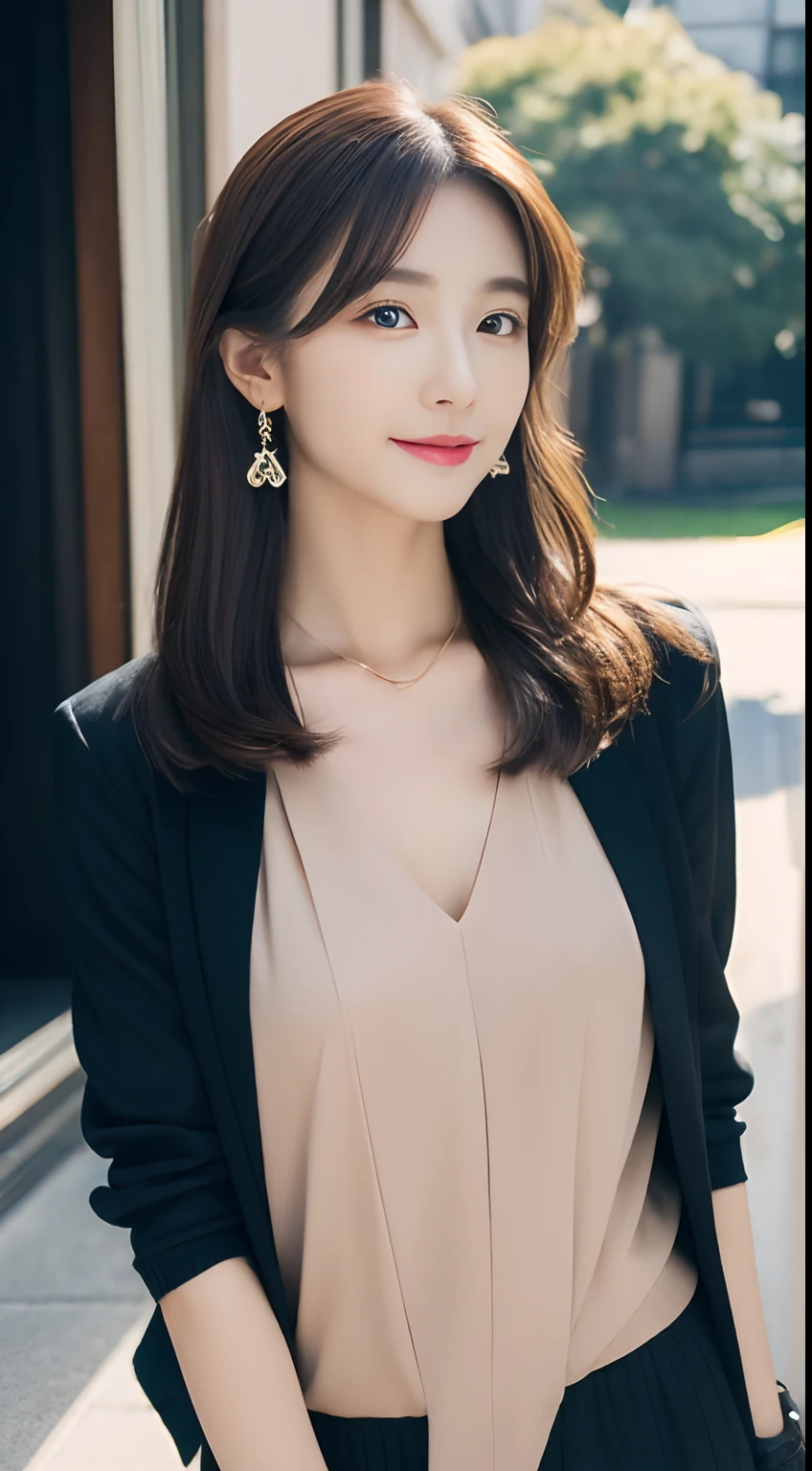 (((32K,very high res, high detailing, highly accurate,Masterpiece Girl 1))),Raw photo & realistic atmosphere,beautiful dark blue eyes,Detailed mouth,Glossy lips,Detailed eyebrows,Soft white skin that shines with every detail,,Eyes drawn in detail、Very beautiful eyes with azure eyes,Detailed lips、Very beautiful face,Very well-formed face、Lifelike face,shiny beautiful lips,Beautiful eyebrows,Infinite reality,Best design,(Insanely cute sober and modest Japan 22-year-old girl,,Toned body,thighs thighs thighs thighs,Slender legs,Beautifully shaped breasts,Very cute beautiful girl,Little Girl:1.5),Best Natural Makeup,Japanese ido,Korean Idols,Young sensual idol,Moist eyes,Dark beautiful eyes,Beautiful butt,beauty legs,,camel's foot,:1.3),超A high resolution、,Natural and realistic face,Back lighting,Pure eyes are too cute,(((photorealisim,Photograph the whole body))),,Reality Live Action,(simple earrings,Necklace Arm,Watches,Glossy nail art,Girlish clothes,Clothes with a simple design image in dark colors,Dress up your jacket elegantly and cutely,Blouse,beautiful skirt,Modest and beautiful fashionable fashion,Heel Shoes,Perm Medium Hair,独奏,Lori Kool,Smile faintly,glares,full body Esbian:1.7),(Show full-body fashion:1.8)