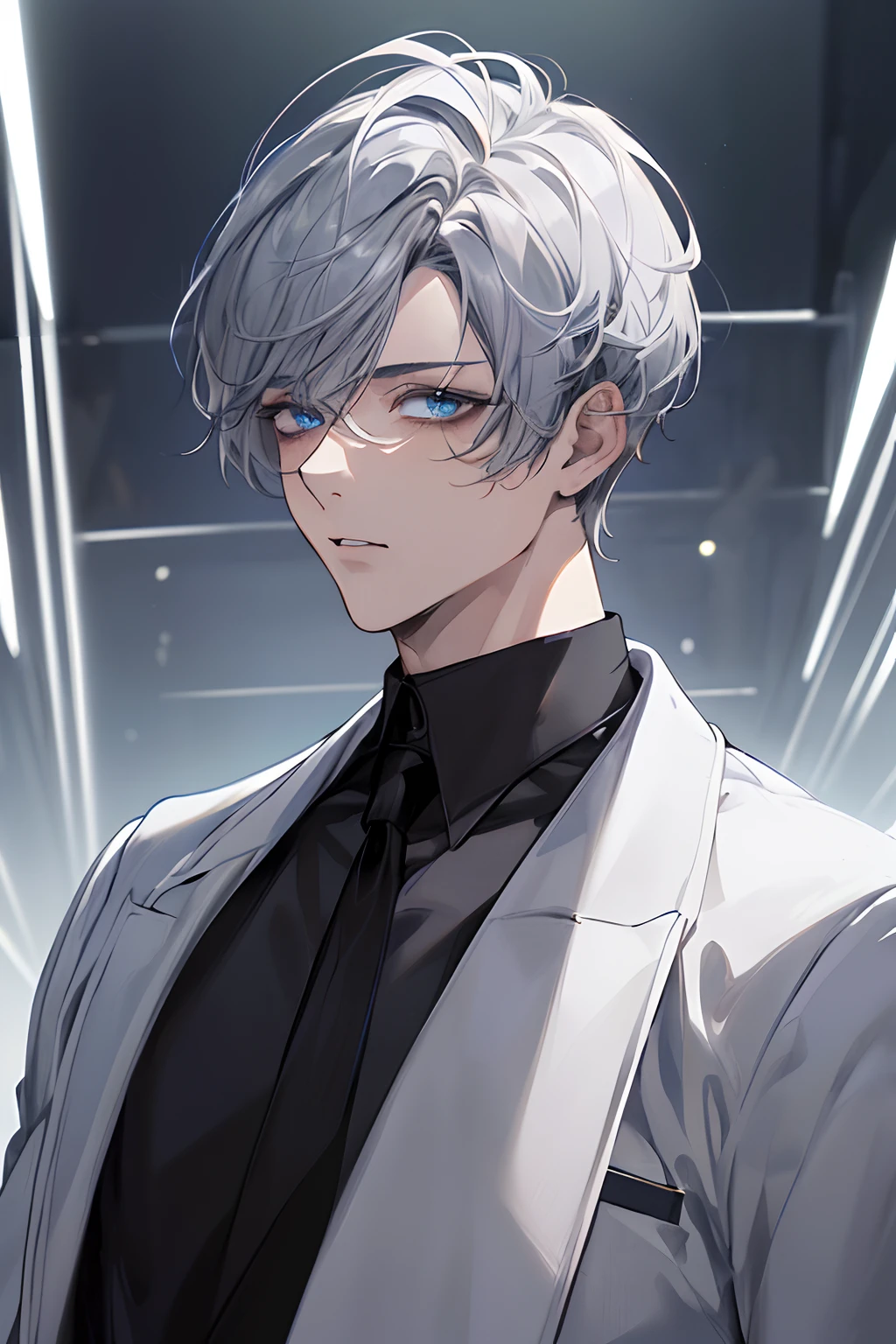 (masterpiece、top-quality、absurderes)、 25-year-old adult male、Detailed pupil glow、short, twitchy gray hair,Long bangs,light blue eyes,Lower lashes、High Neck Black Shirt,Contre-Jour,A lot of rabbits,