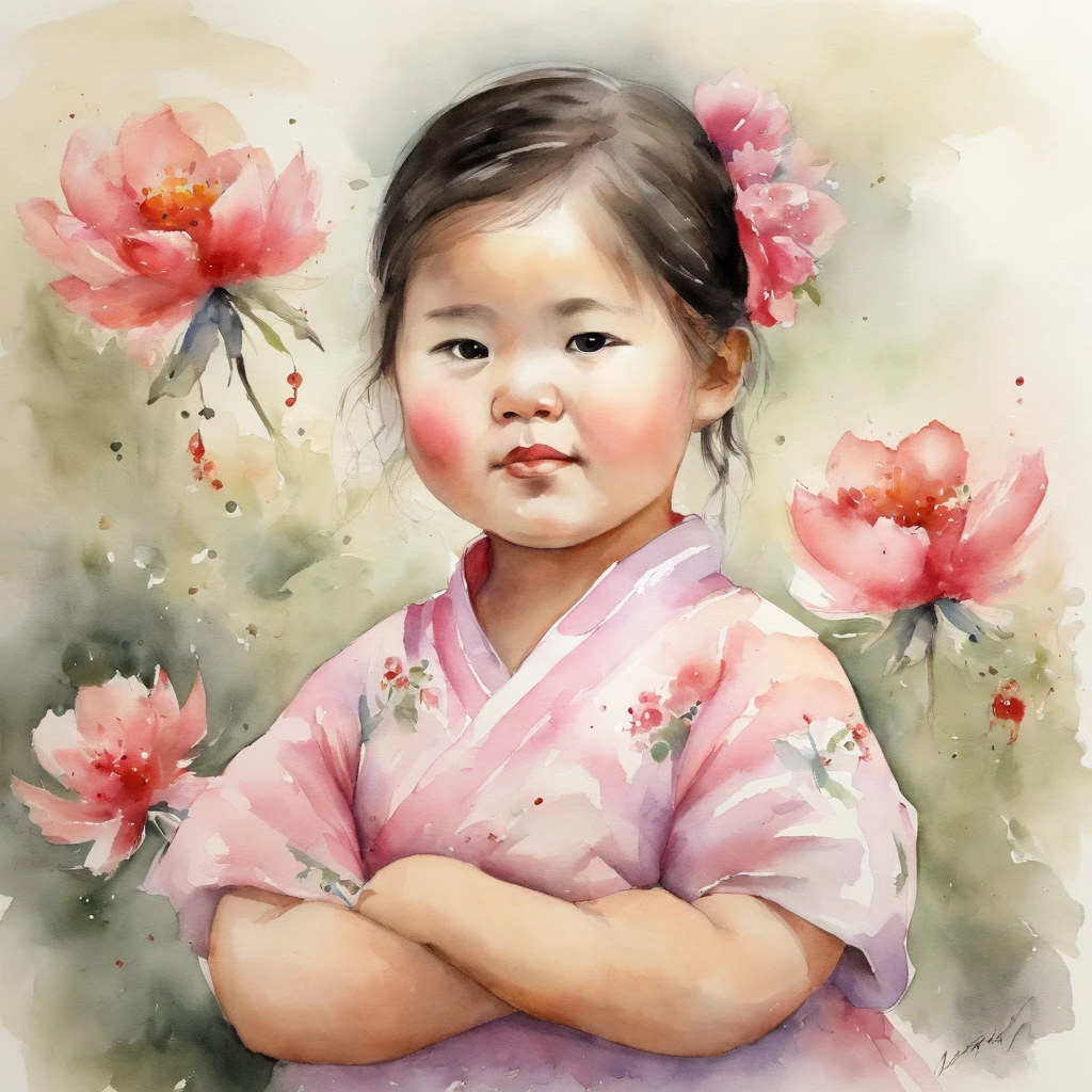 A ,Hold your arms,Frowning,Staring at you angrily,Pouting angrily,Floral half-sleeved cheongsam,Cute fat girl,A ball head