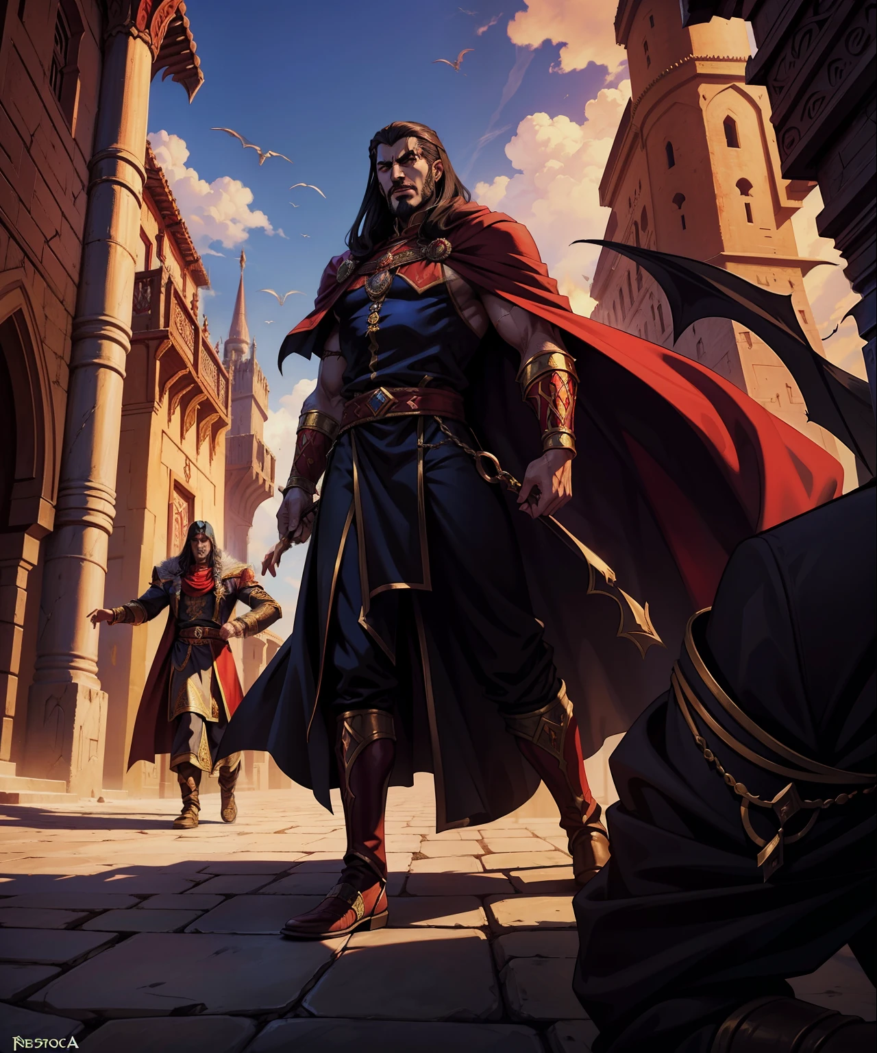 Moroccan Arab Castlevania shadow lords hyper realistic super detailed Dynamic shot masterpiece of the Arab Lord Dracula scenes movie Epic Legendary perspective environment of Lord Dracula in a Moroccan city followed by devils and demons surrounding him Closer plan shot