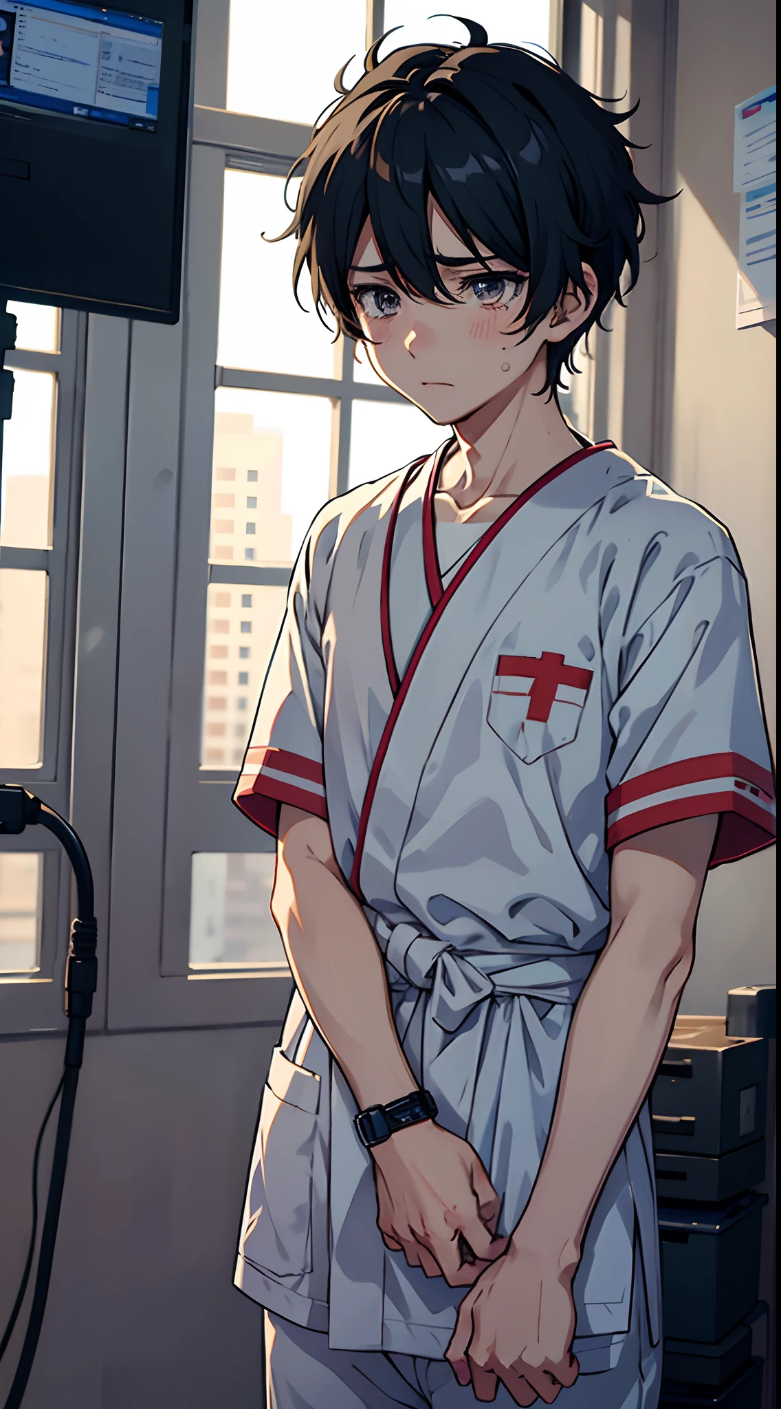 Anime style,1Boy, Patient boy, In the hospital, boy burst into tears,Heartbroken,Medical staff do rescue measures,hospitals,nurses,the doctor