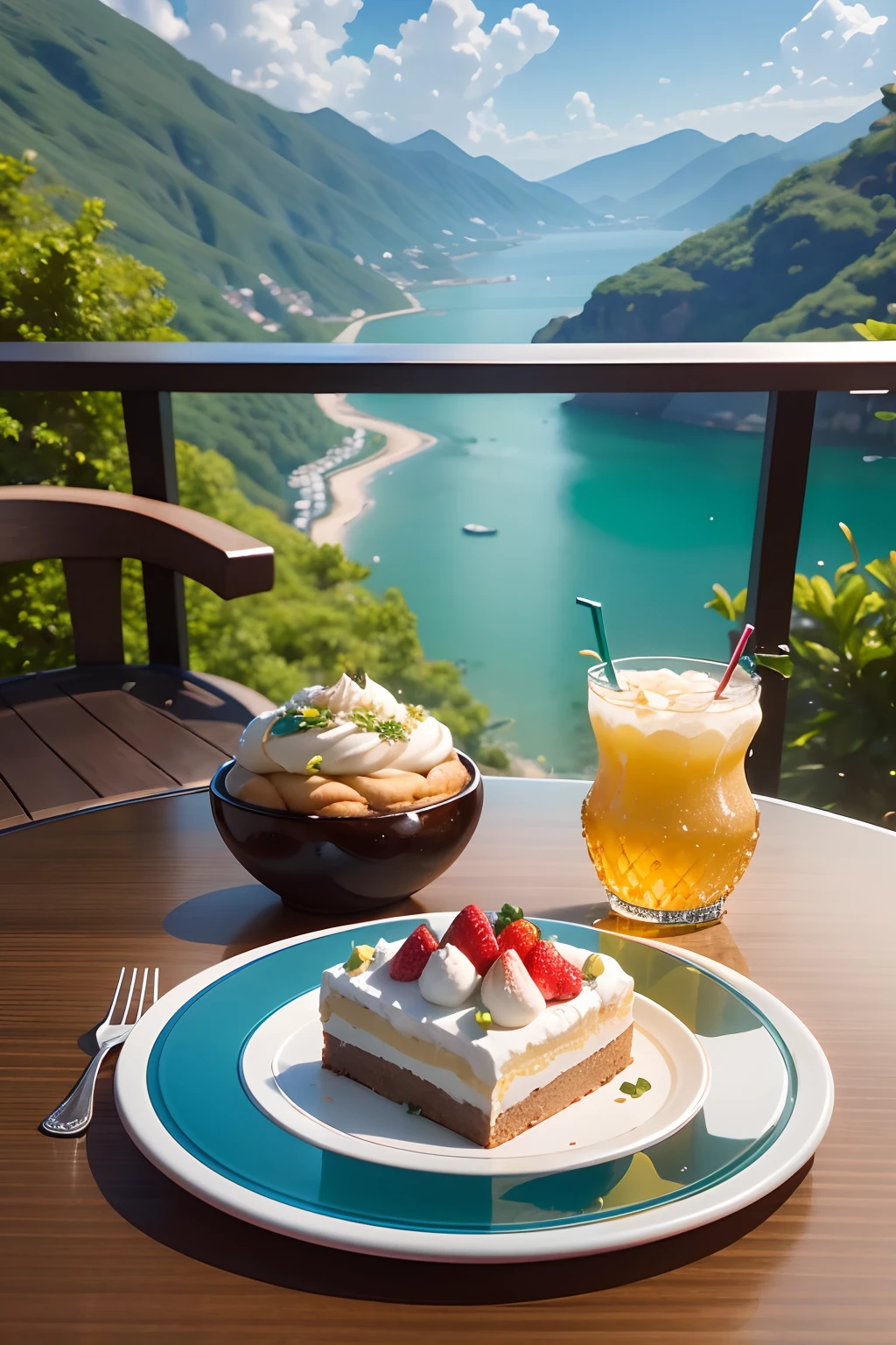 An oversized glass,Filled with Sprite,The table is filled with a variety of fruits,Serve with a plate of tiramisu strawberry cake,exteriors,blue-sky,baiyun,Resort hotels,Far Mountain,green color,the sea,high definition detail,Close-up of the middle view,ultra-realistic realism