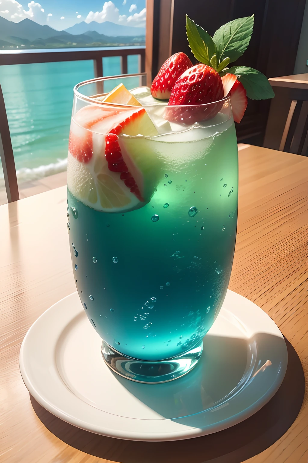 An oversized glass,Filled with Sprite,The table is filled with a variety of fruits,Serve with a plate of tiramisu strawberry cake,exteriors,blue-sky,baiyun,Resort hotels,Far Mountain,green color,the sea,high definition detail,Close-up of the middle view,ultra-realistic realism