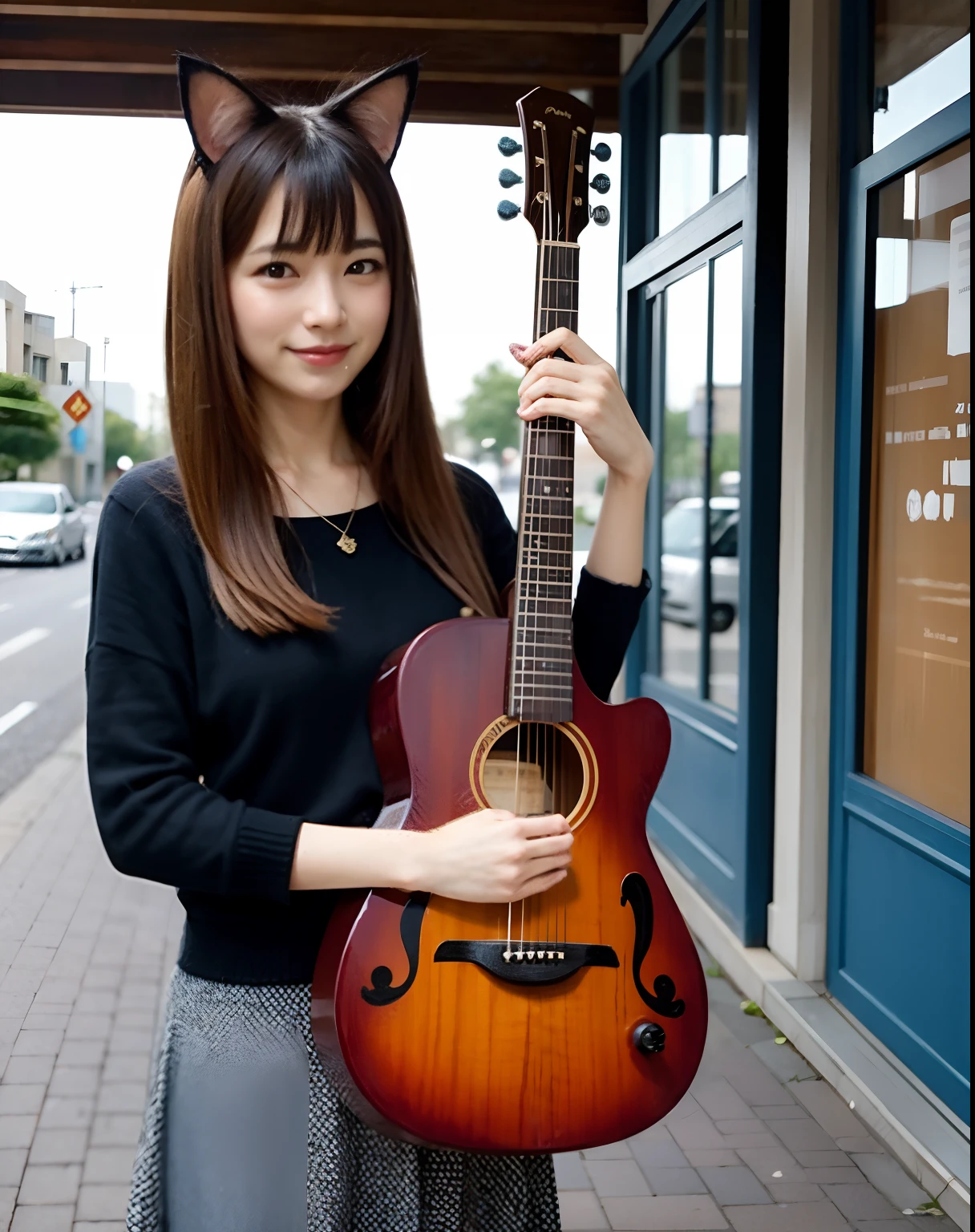 Cat holding a guitar with ears、Beautiful woman standing in the city of Kobe with a cat with a rust pattern