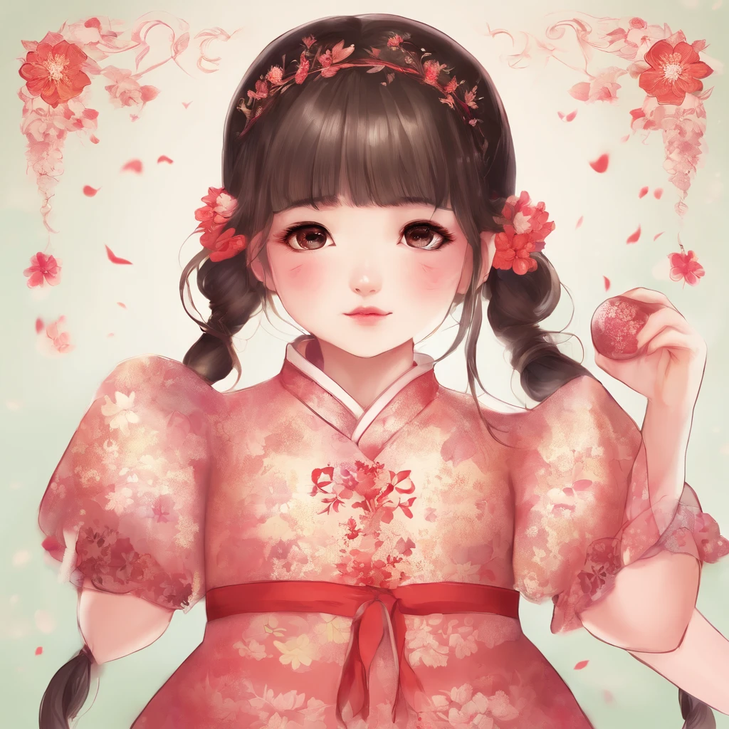 A little girl，Hold your arms，Frowning，Staring at you angrily，Pouting angrily，Floral half-sleeved cheongsam，Cute fat girl，A ball head