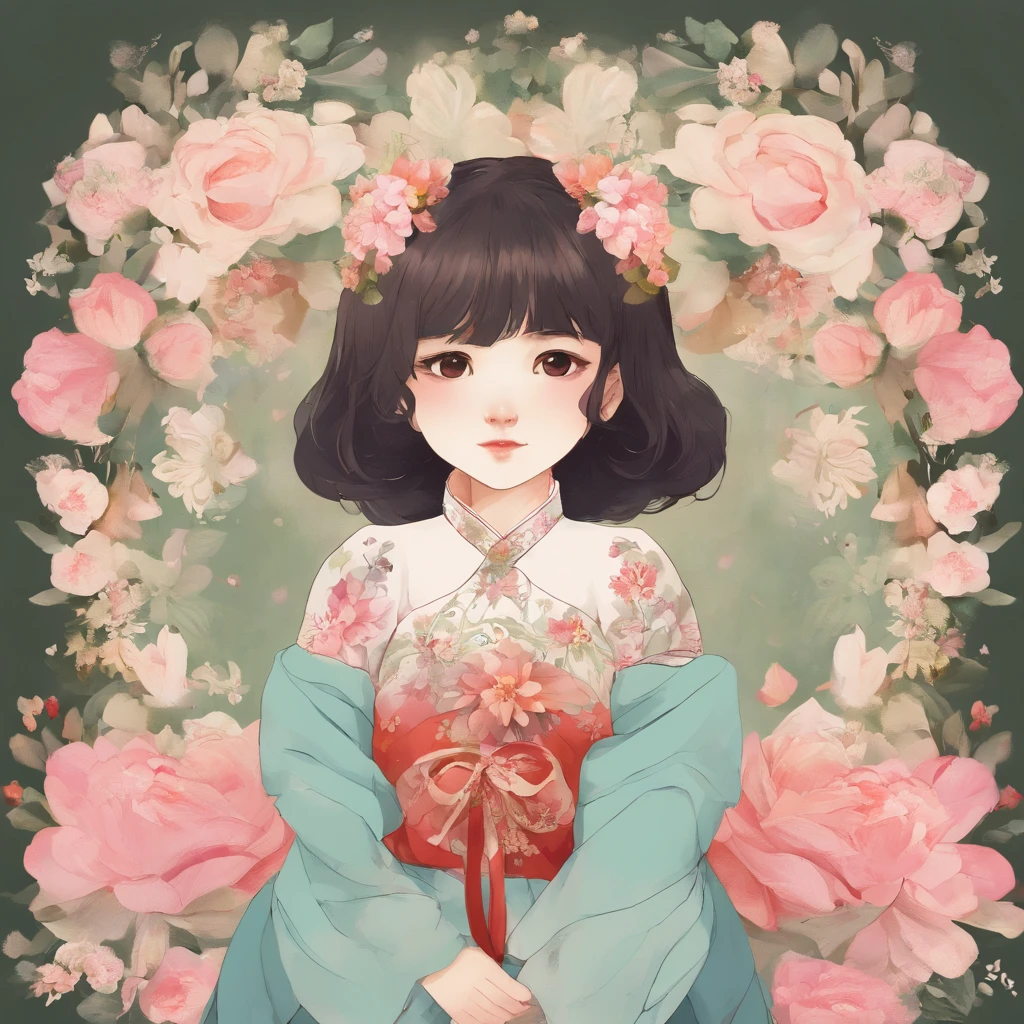 A little girl，Hold your arms，Frowning，Staring at you angrily，Pouting angrily，Floral half-sleeved cheongsam，Cute fat girl，A ball head