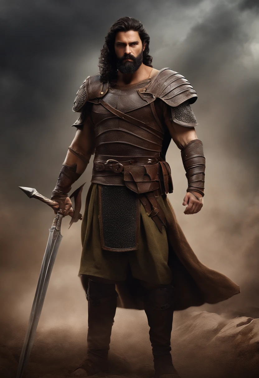 Masterpiece, High quality, Best quality, Beautiful, HD, Realistic, Perfect lighting, Detailed face, Detailed body, 1 man, Solo, Black hair, Green eyes, Long black beard, Gladiator style in brown and shabby leather clothing: 1.4), leather breastplate, 1 wooden spear in hand, background in war, Gladiator style, big muscular man, Robust, angry look,