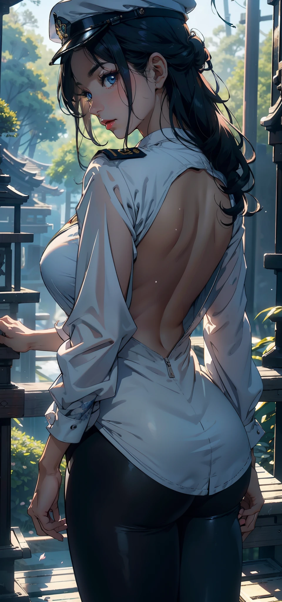 1female,35yo,A MILF,plumw,extremely large bosom, 独奏,(Background with:Cherry blossom forest,ln the forest)Deep in the forest, She has very short black hair,bobo head,Station,,seen from the front, hair straight, mostly cloudy sky,(((tmasterpiece),(Very detailed CG unity 8K wallpaper),best qualtiy,cinmatic lighting,detailed back ground,beatiful detailed eyes,Bright pupils,Blue eyes,(Very fine and beautiful),(Beautiful and detailed eye description),ultra - detailed,tmasterpiece,))Redlip,facing at camera,A high resolution,ultra - detailed),Camel toes,Flushed complexion,Desire for dissatisfaction,frontage,SakuraNS ,Navy,Snowflakes adorn officer's caps,(Wearing:Green officer uniform,Bare genitalia,Bare breasts,black colored leggings)