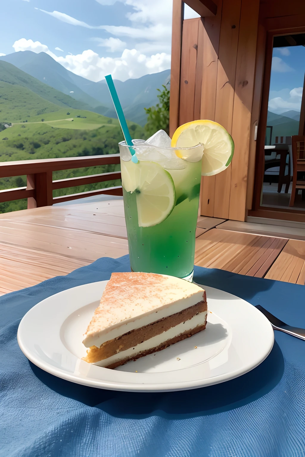 An oversized glass,Filled with Sprite,Many lemon slices were placed on the quilt,Chilled drinks,The table is filled with a variety of fruits,Serve with a plate of tiramisu strawberry cake,exteriors,blue-sky,baiyun,Resort hotels,Far Mountain,green color,the sea,high definition detail,Close-up of the middle view,ultra-realistic realism