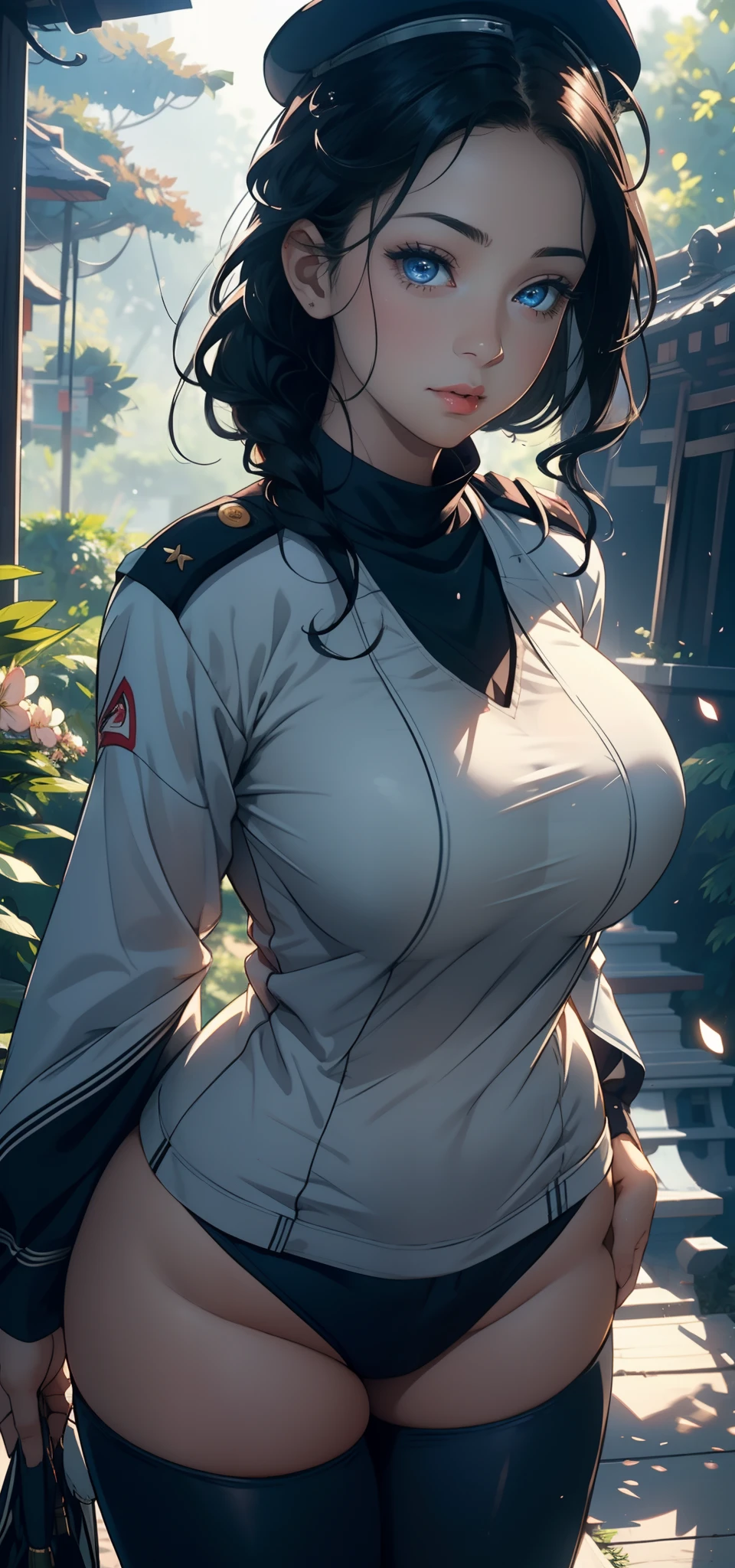 1female，41 years old，熟妇，A MILF，mature，plumw，extremely large bosom ，Pornographic exposure， 独奏，（Background with：aerodrome，fighter jets，inside of a cabin） She has short black hair，bobo head，Station，seen from the front， hair straight， mostly cloudy sky，（（（tmasterpiece），（Very detailed CG unity 8K wallpaper），best qualtiy，cinmatic lighting，detailed back ground，beatiful detailed eyes，Bright pupils，Redlip（Very fine and beautiful），（Beautiful and detailed eye description），ultra - detailed，tmasterpiece，）），facing at camera，A high resolution，ultra - detailed），revealing breasts，Bare genitalia，  Bulge，legs are open，Raised sexy，Camel toes，Flushed complexion，Open-mouthed，frontage，us airforce，Aviator，beret（Wearing：White transparent shirt，Black pantyhose）captain america