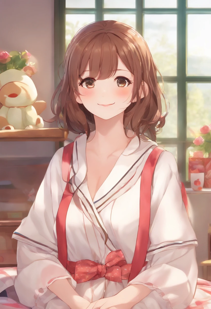 、slender、Brown hair、Hair is tied in a bun、School Girl、school classrooms、Light colored lipstick、A smile、School Idol、Korean style bangs、s Pajamas、Holding a big stuffed animal