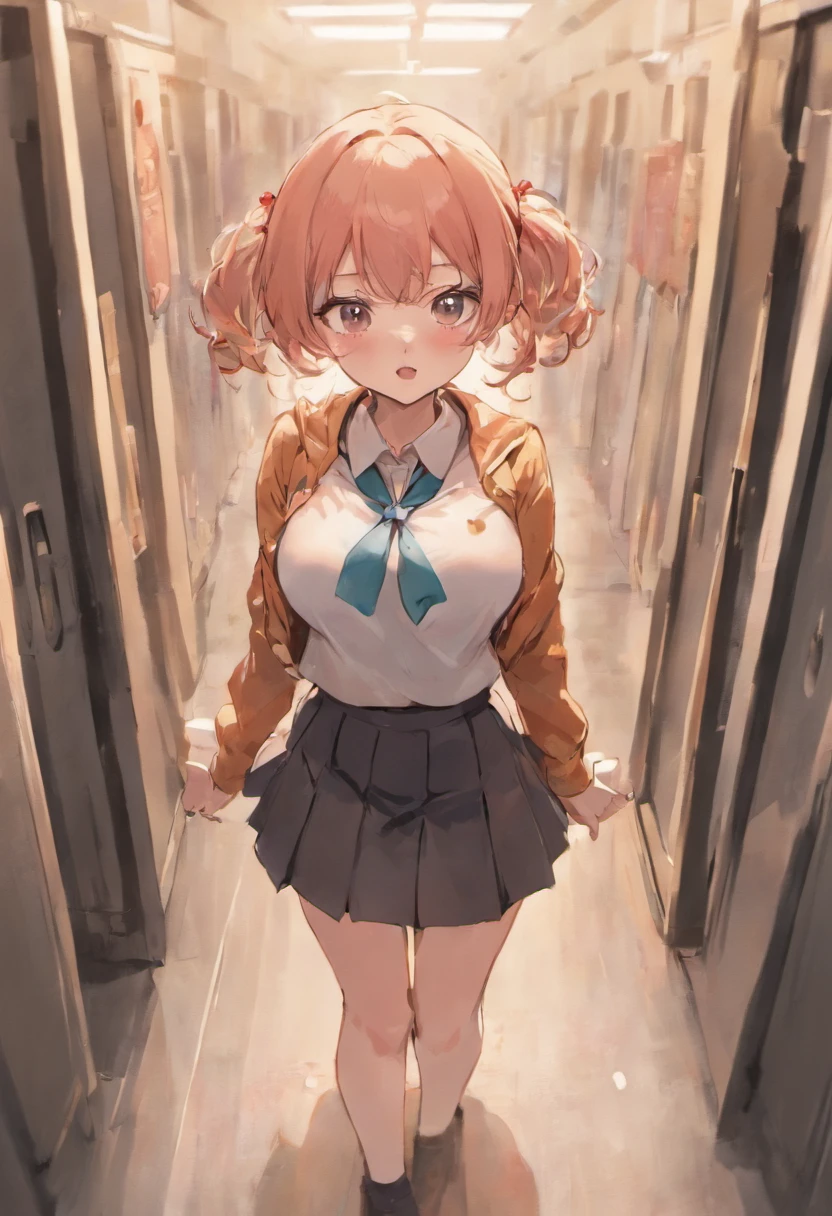 Korean girl, school uniform, tight skirt, tight shirt, glasses, manhwa girl, large breasts,showing breast