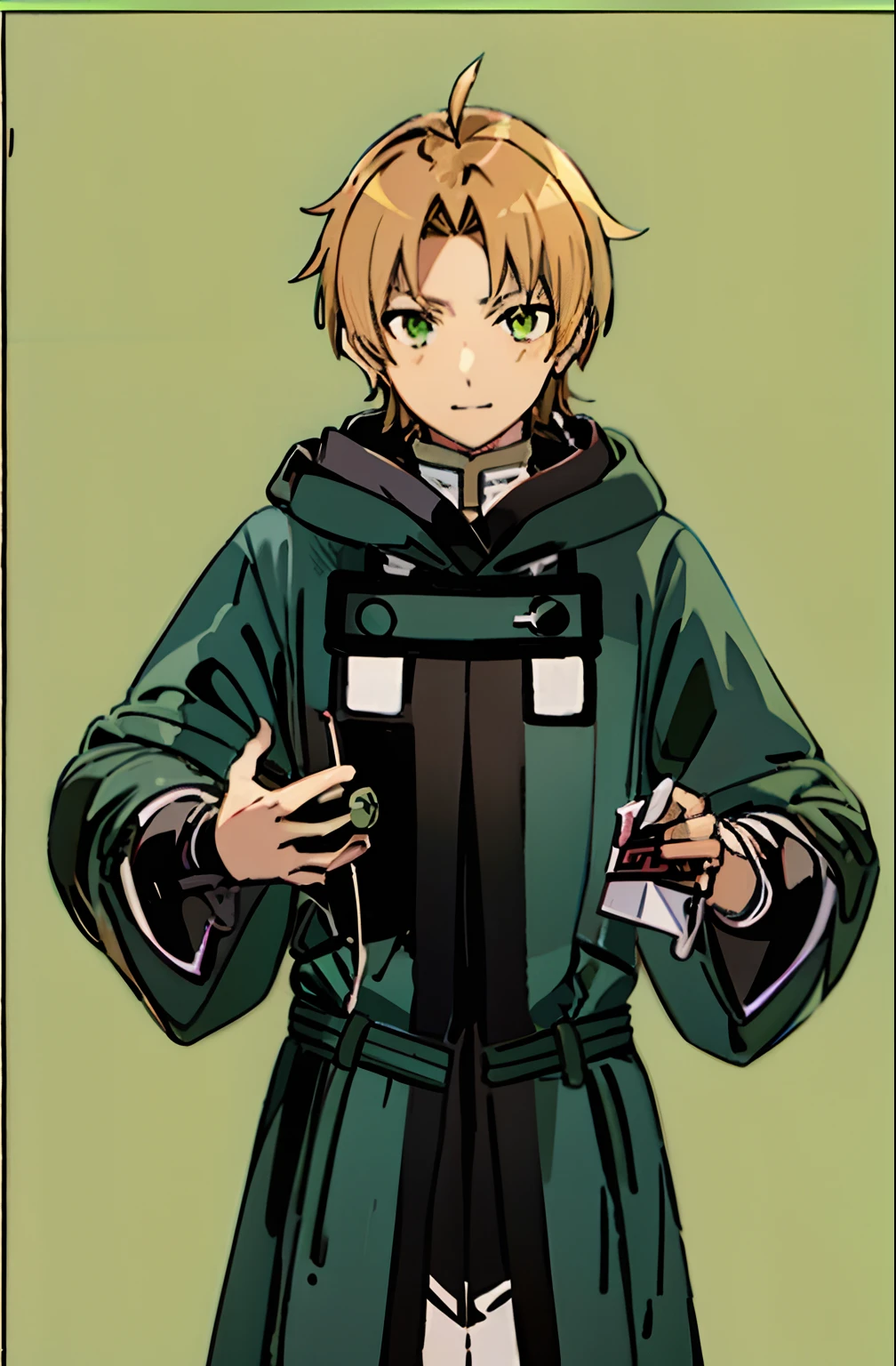 anime character with a green coat and black tie holding scissors, thin young male alchemist, mushoku tensei, male anime character, with index finger, okita sougo, picture of a male cleric, kirito, tsukasa dokite, as an anime character, kvothe from name of the wind, final fantasy tactics character, anime character, tarot card, rudeus_greyrat