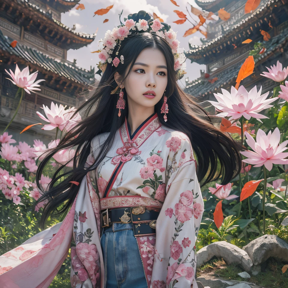 32K（tmasterpiece，k hd，hyper HD，32K）Long flowing black hair，ponds，zydink， a color， Aozhou people （Concubine girl）， （Silk scarf）， Combat posture， looking at the ground， long whitr hair， Floating hair， Carp pattern headdress， Chinese long-sleeved clothing， （Abstract gouache splash：1.2）， Pink petal background，Pink and white lotus flowers fly（realisticlying：1.4），Black color hair，Fallen leaves flutter，The background is pure， A high resolution， the detail， RAW photogr， Sharp Re， Nikon D850 Film Stock Photo by Jefferies Lee 4 Kodak Portra 400 Camera F1.6 shots, Rich colors, ultra-realistic vivid textures, Dramatic lighting, Unreal Engine Art Station Trend, cinestir 800，Long flowing black hair，Denim skirt