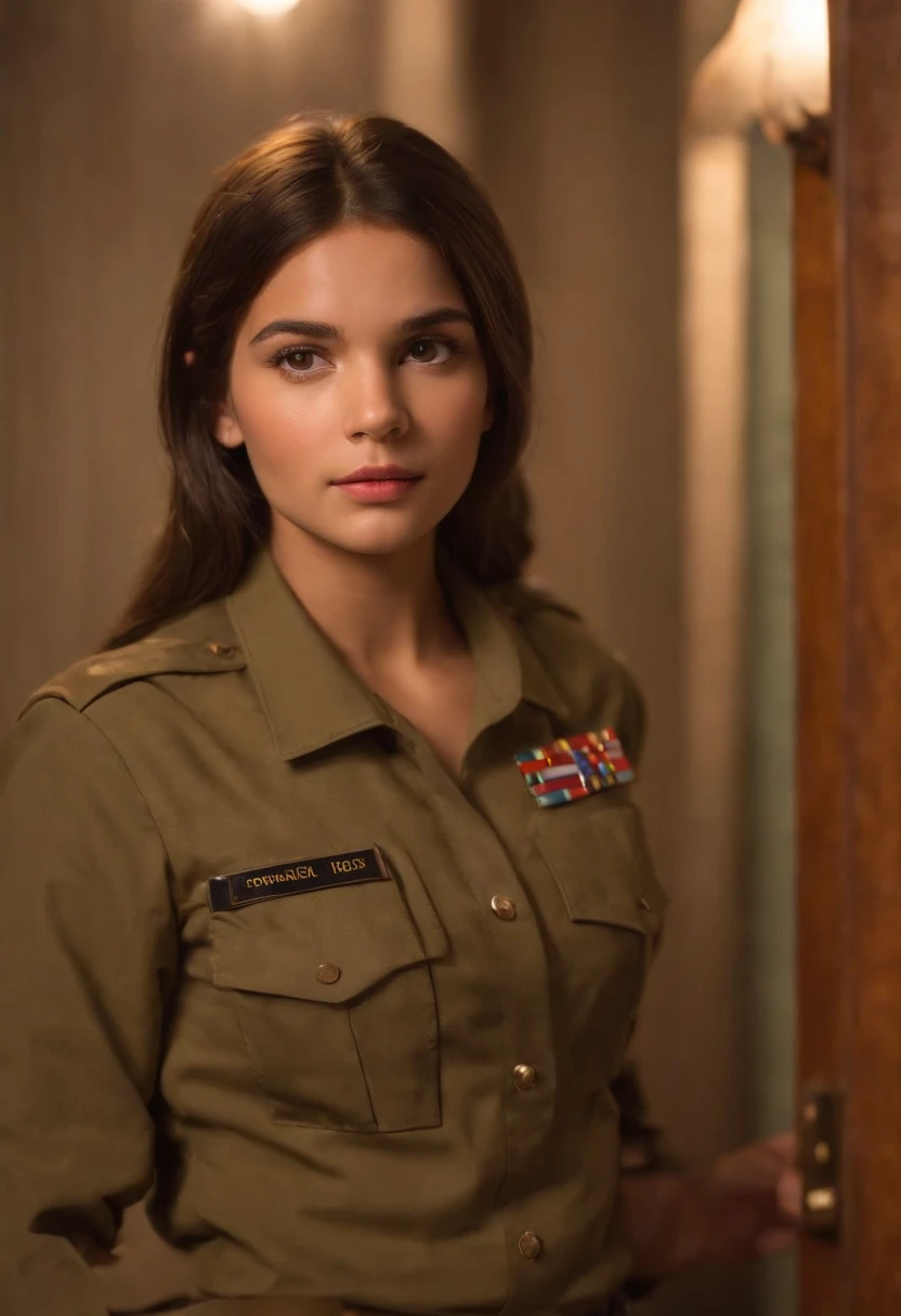 Dora the explorer wearing tight army uniform, standing in the doorway, seductive, dramatic lighting, 8k, hdr
