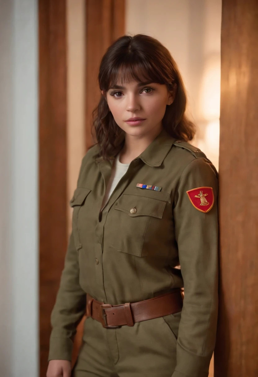 Dora the explorer wearing tight army uniform, standing in the doorway, seductive, dramatic lighting, 8k, hdr